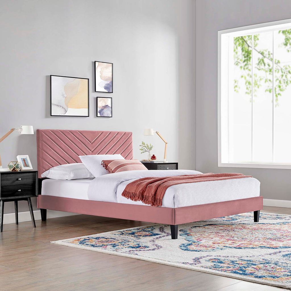 Roxanne Tapered Wood Leg Performance Velvet Queen Platform Bed - Dusty Rose