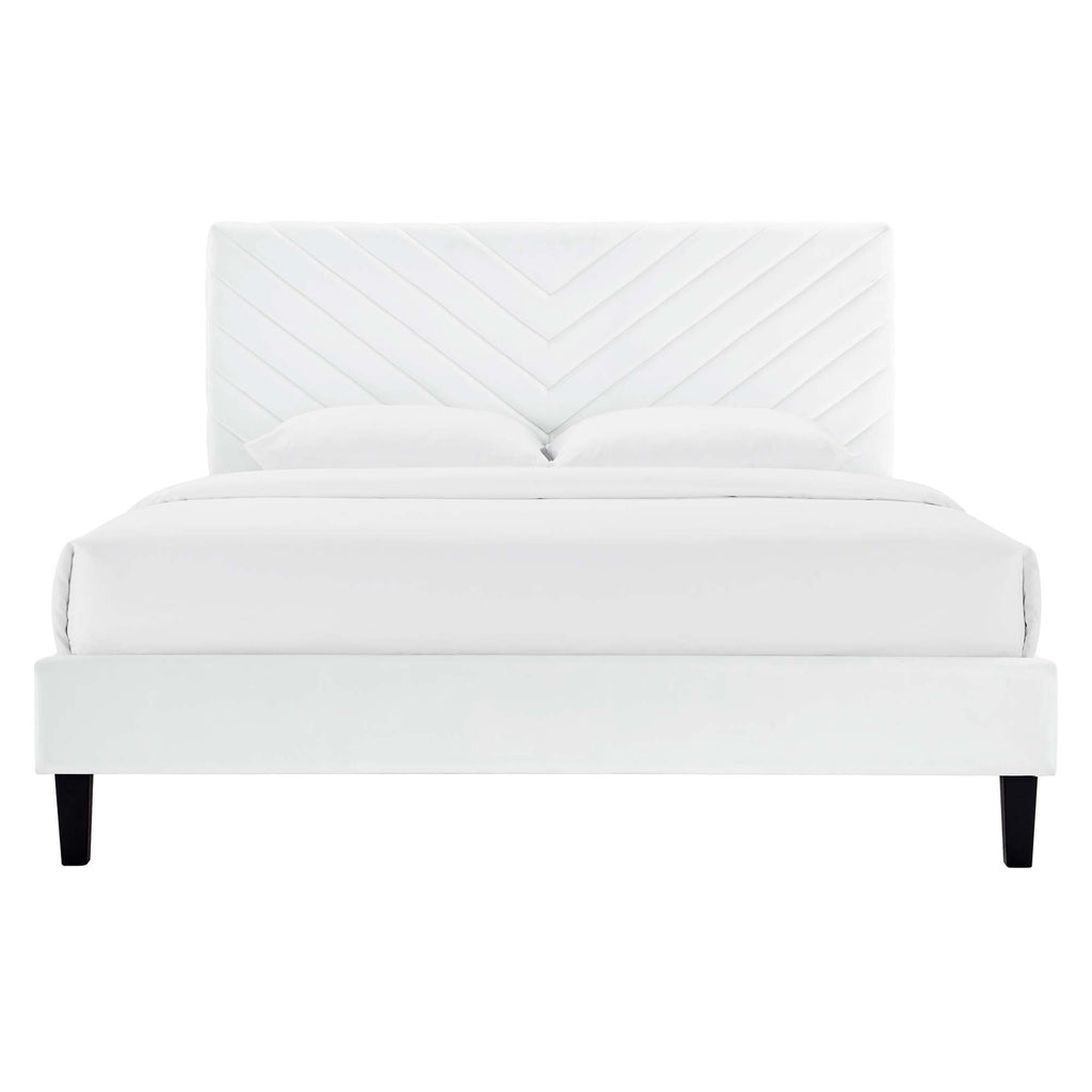 Roxanne Tapered Wood Leg Performance Velvet Queen Platform Bed - White