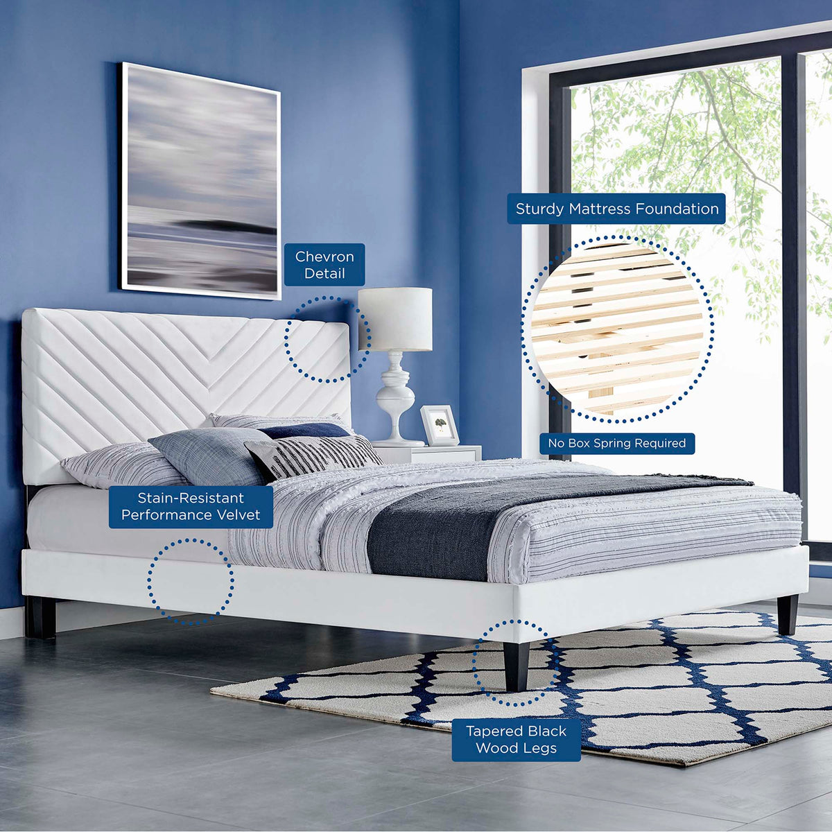 Roxanne Tapered Wood Leg Performance Velvet Queen Platform Bed - White