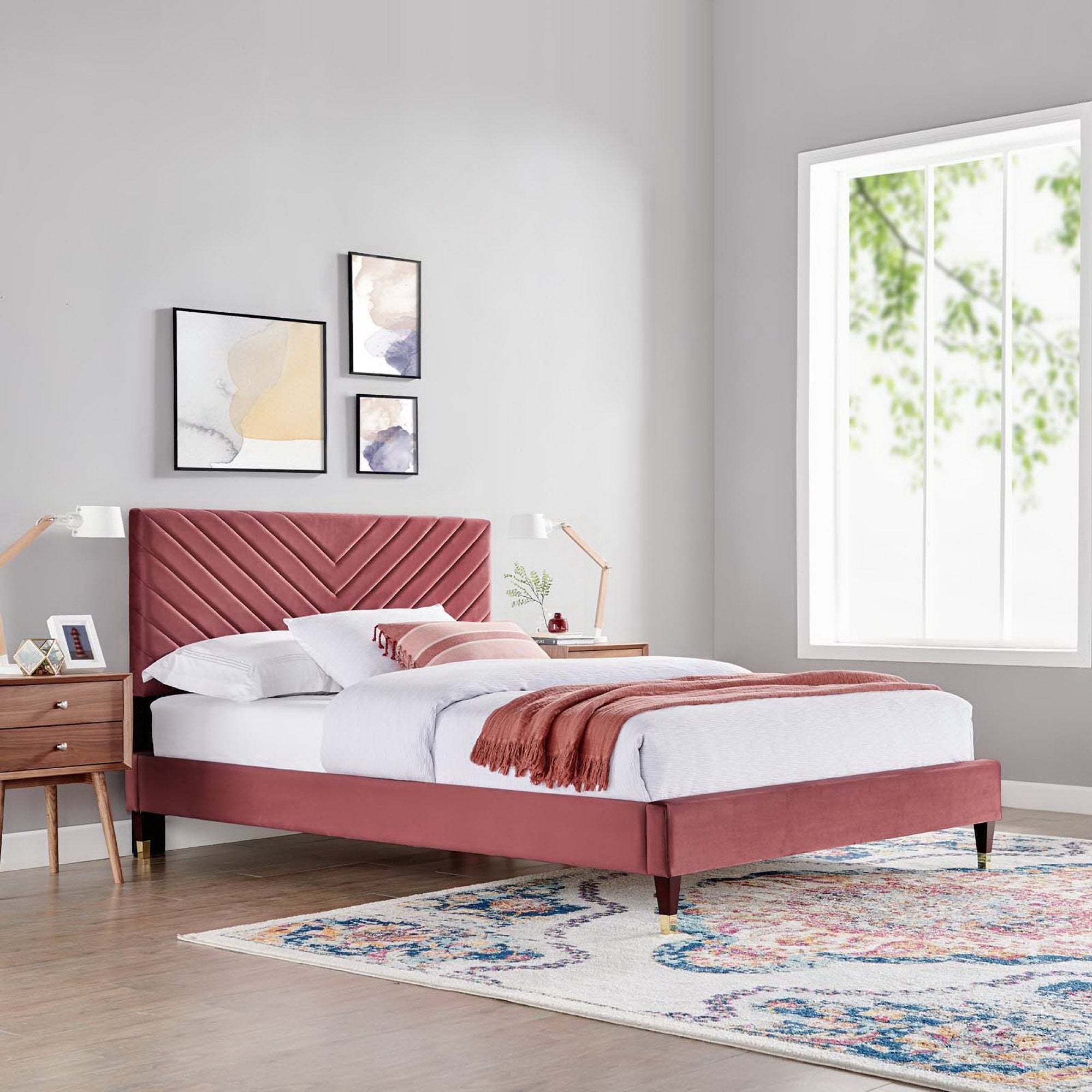 Roxanne Performance Velvet Queen Platform Bed - Dusty Rose