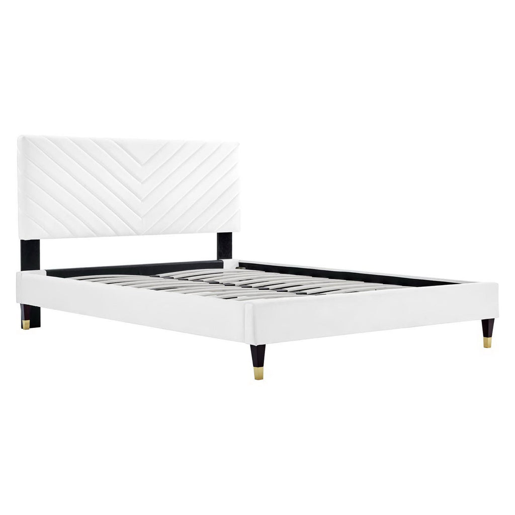 Roxanne Performance Velvet Queen Platform Bed - White