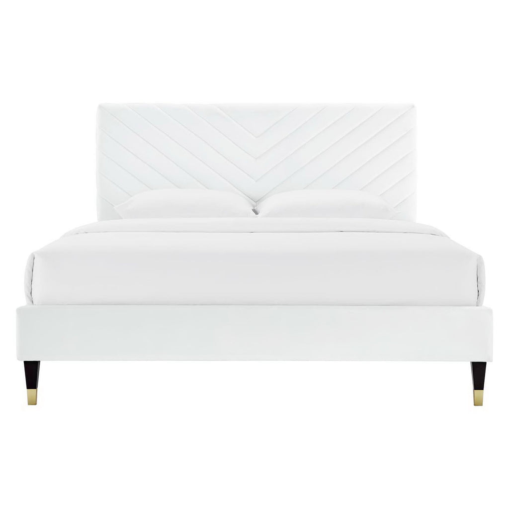 Roxanne Performance Velvet Queen Platform Bed - White