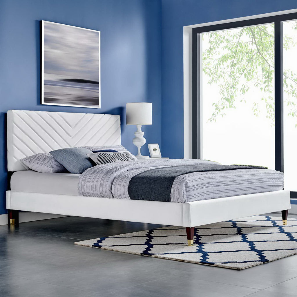 Roxanne Performance Velvet Queen Platform Bed - White