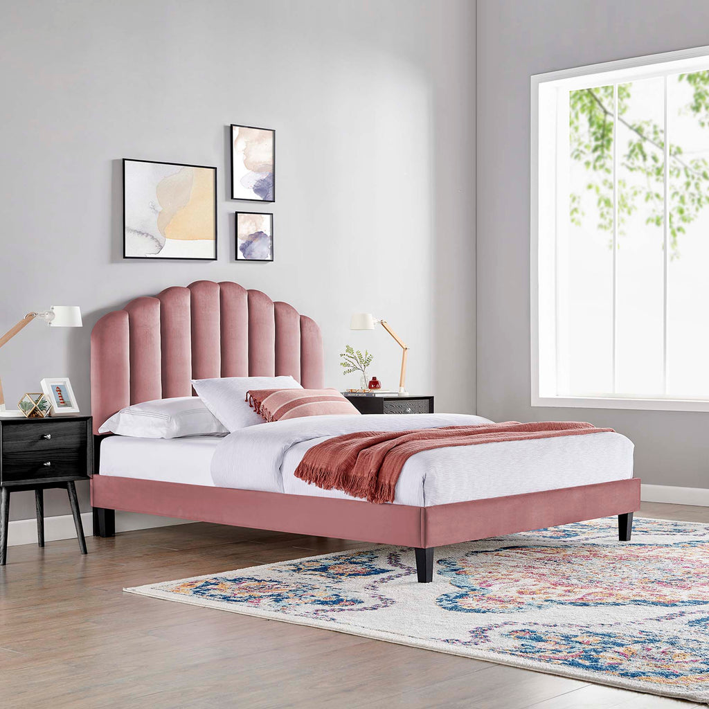 Daisy Tapered Wood Leg Performance Velvet Queen Platform Bed - Dusty Rose