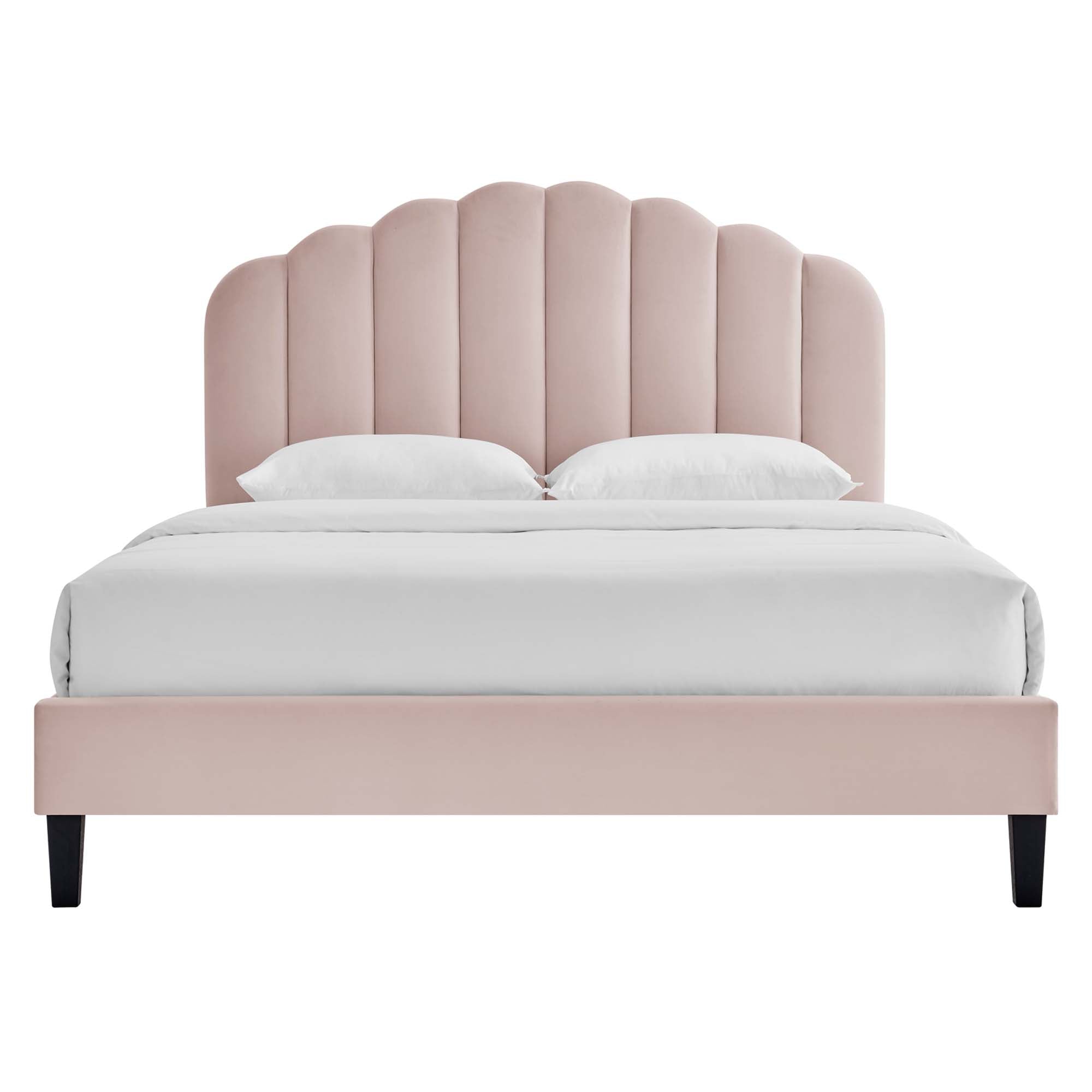 Daisy Tapered Wood Leg Performance Velvet Queen Platform Bed - Pink