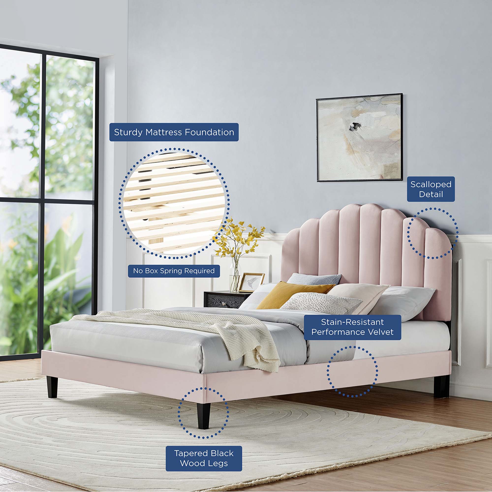 Daisy Tapered Wood Leg Performance Velvet Queen Platform Bed - Pink