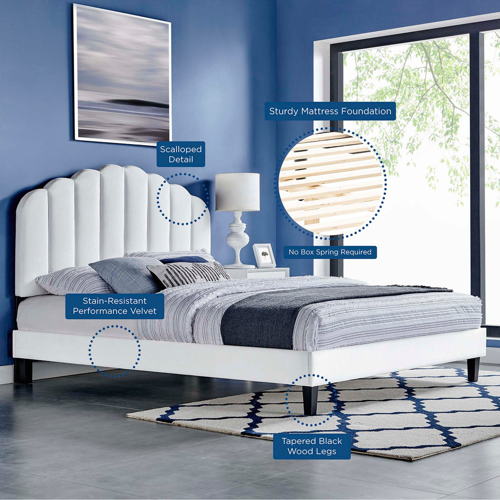Daisy Tapered Wood Leg Performance Velvet Queen Platform Bed - White