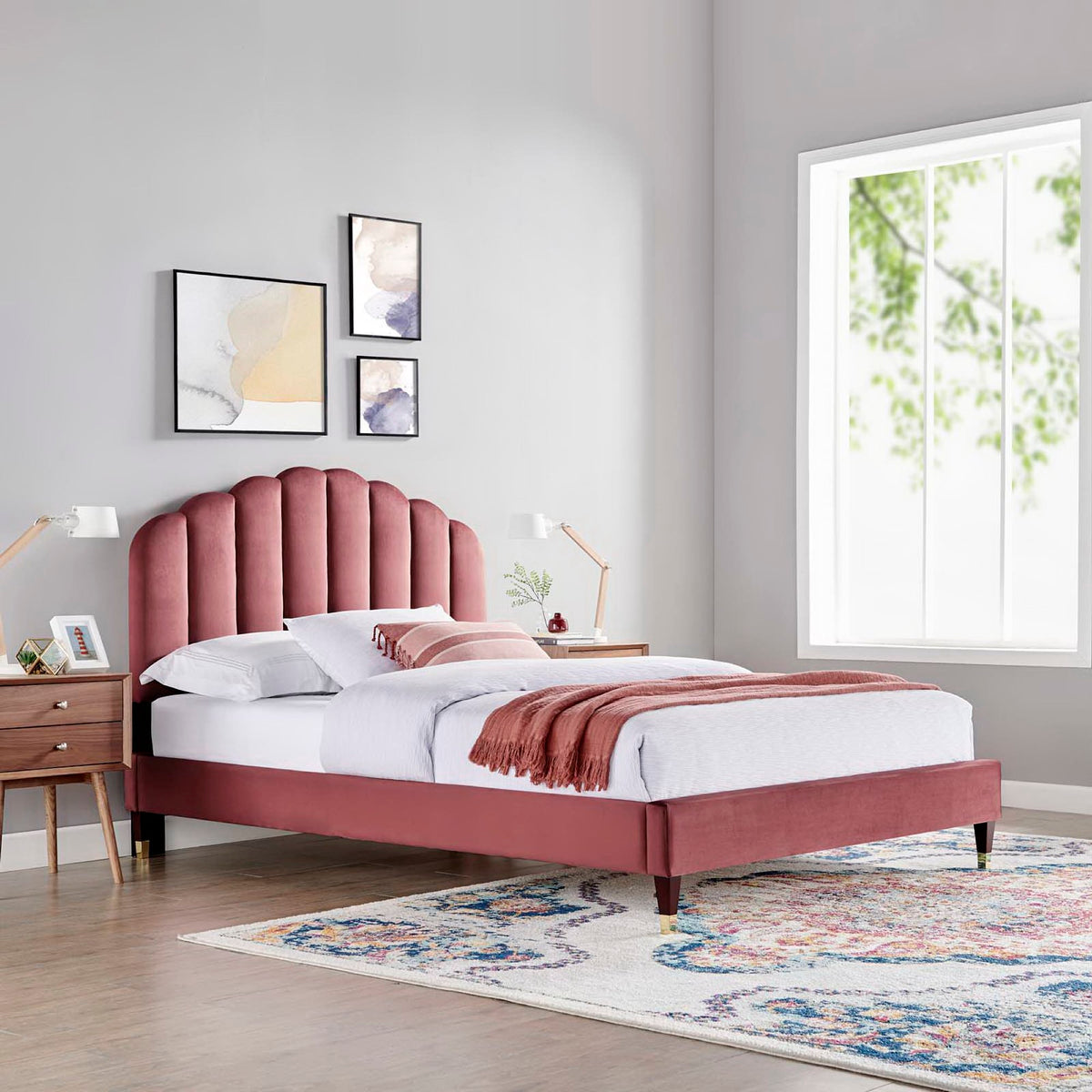 Daisy Performance Velvet Queen Platform Bed - Dusty Rose