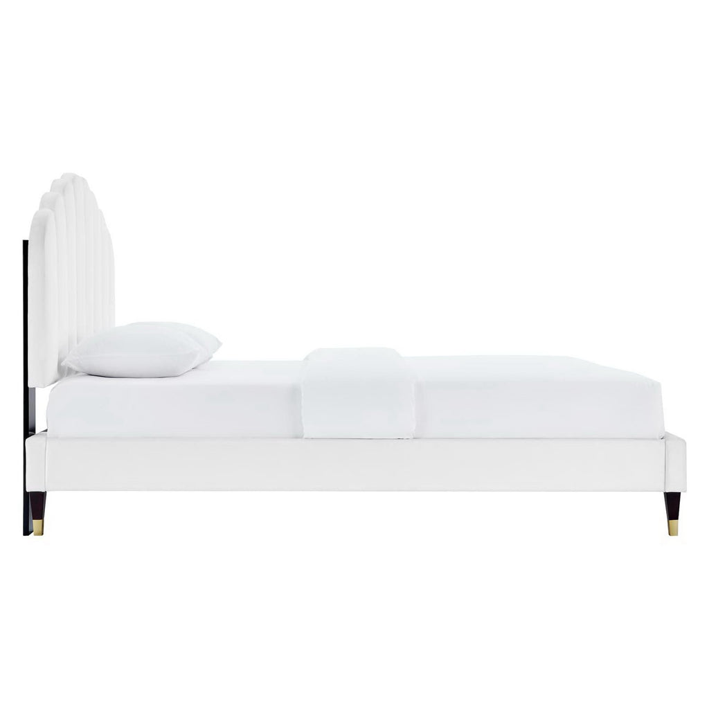 Daisy Performance Velvet Queen Platform Bed - White