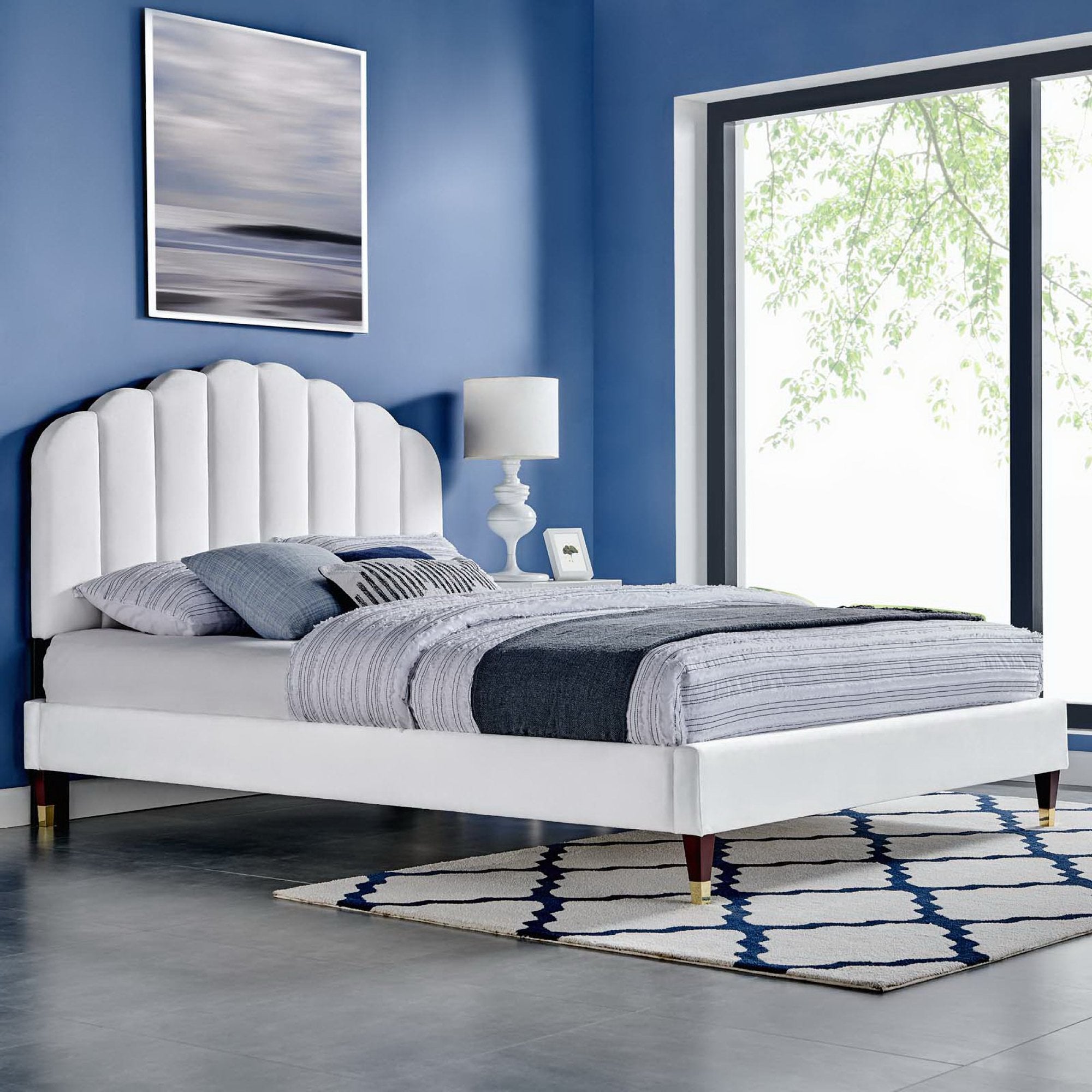 Daisy Performance Velvet Queen Platform Bed - White