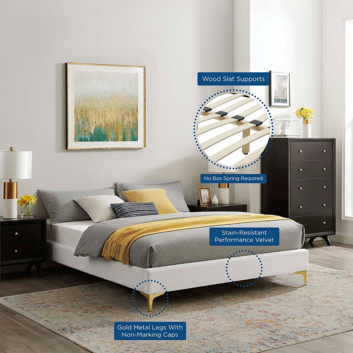 Sutton Performance Velvet Full Bed Frame - White