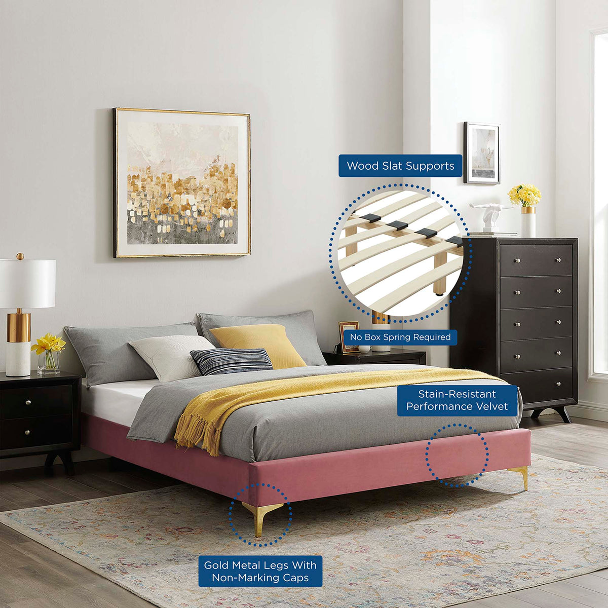 Sutton Performance Velvet King Bed Frame - Dusty Rose