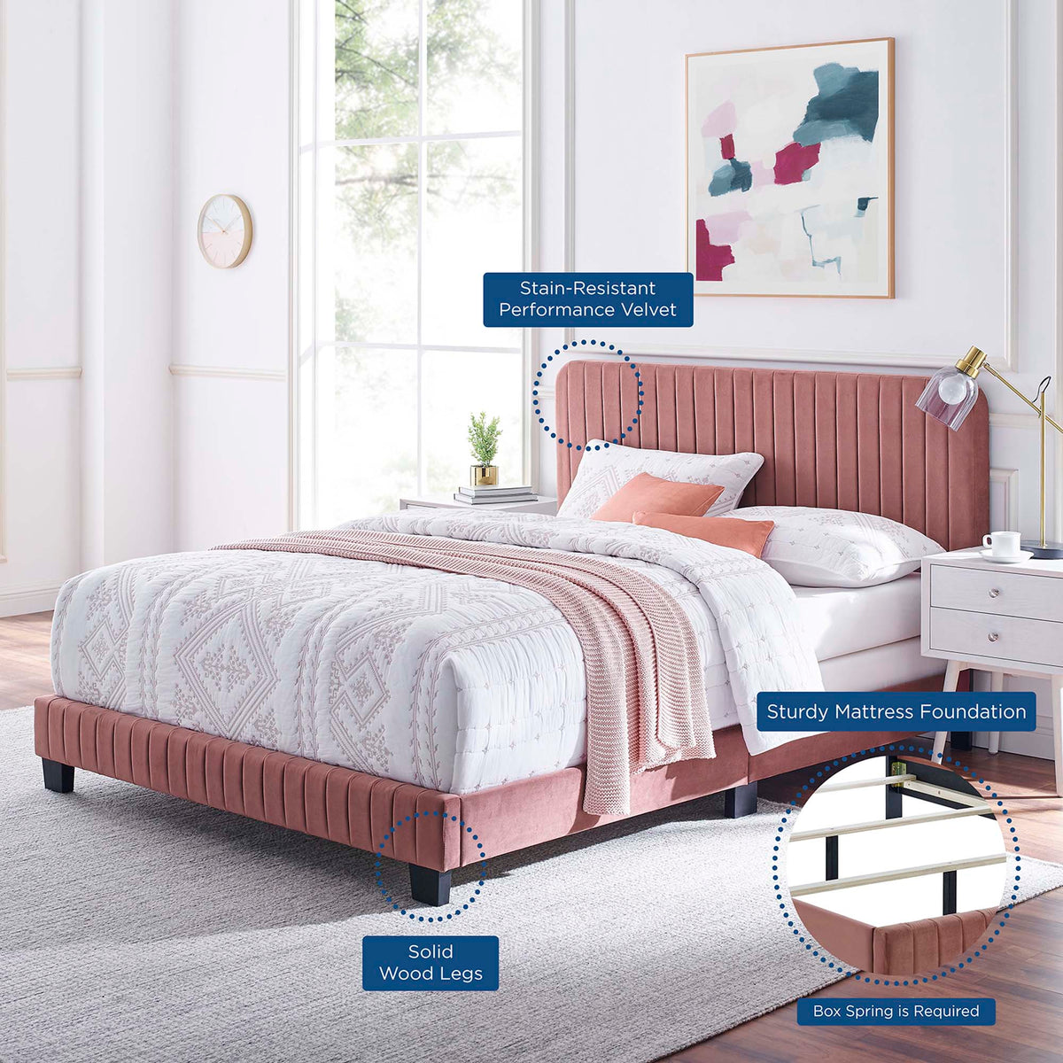 Celine Channel Tufted Performance Velvet Queen Bed - Dusty Rose