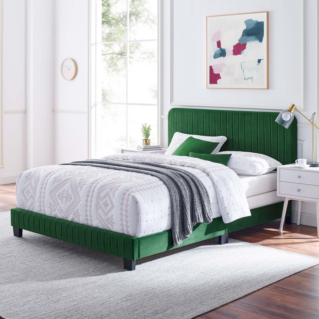 Celine Channel Tufted Performance Velvet Queen Bed - Emerald