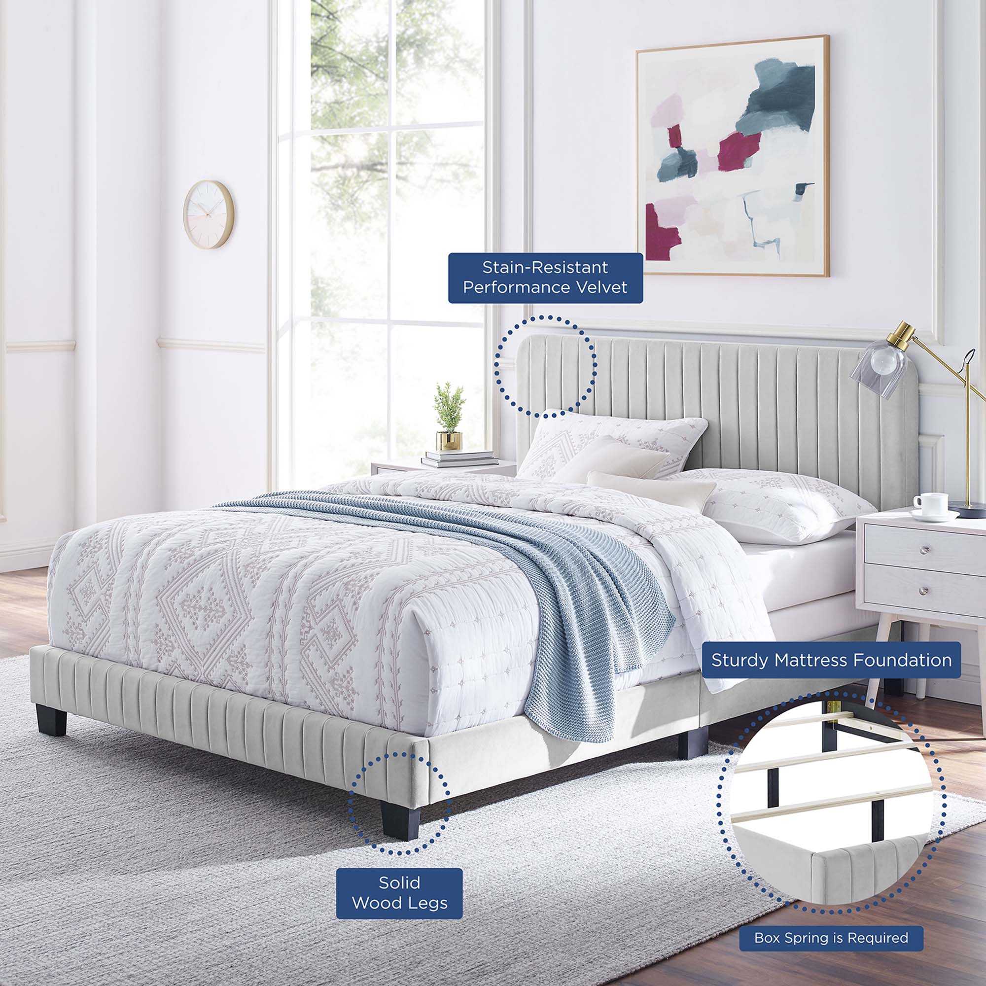 Celine Channel Tufted Performance Velvet Full Bed - Light Gray