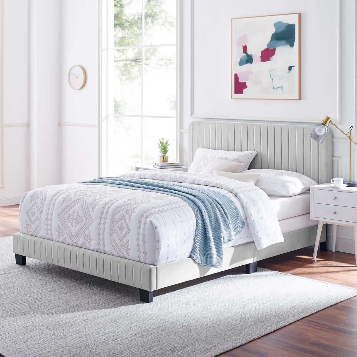 Celine Channel Tufted Performance Velvet Full Bed - Light Gray