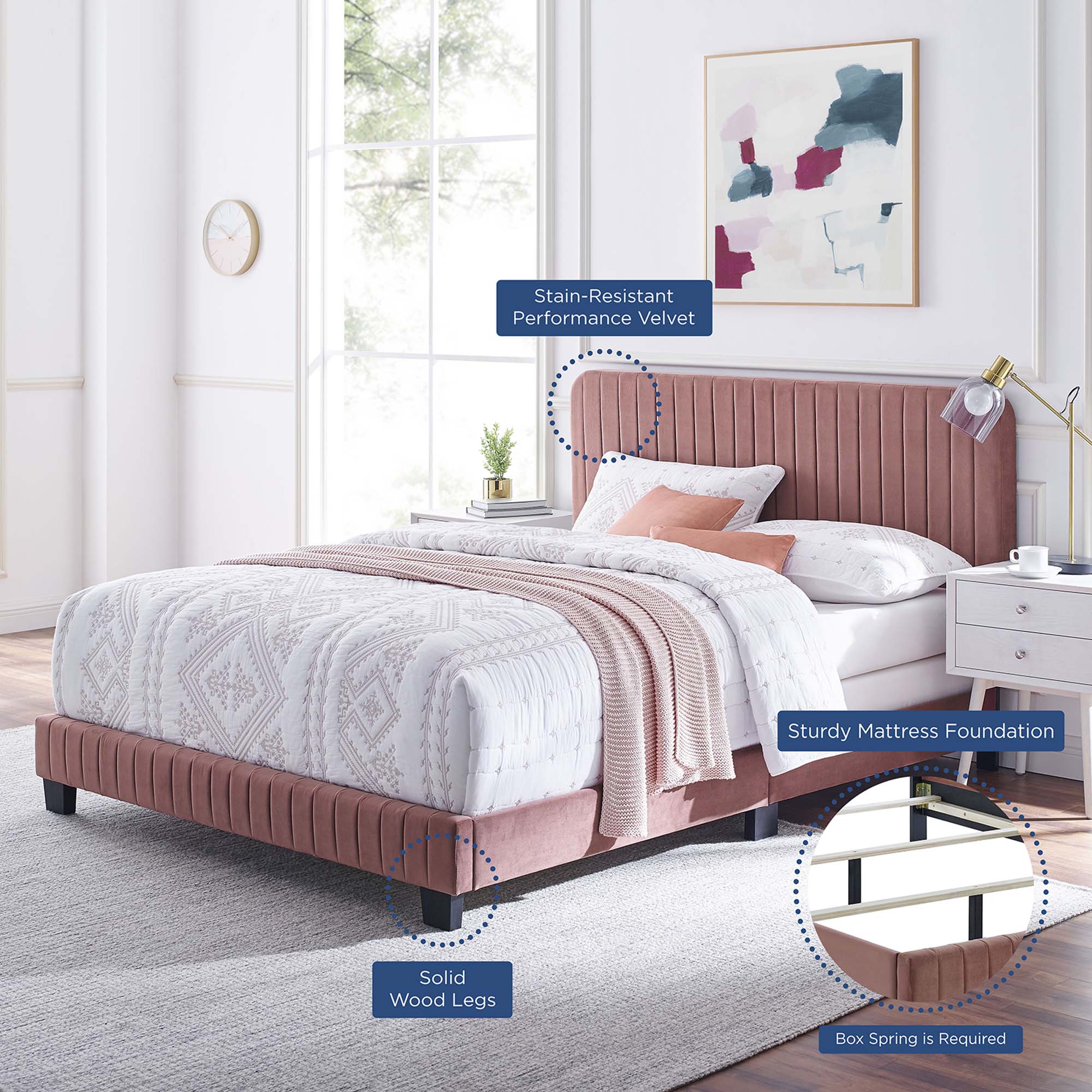 Celine Channel Tufted Performance Velvet Twin Bed - Dusty Rose