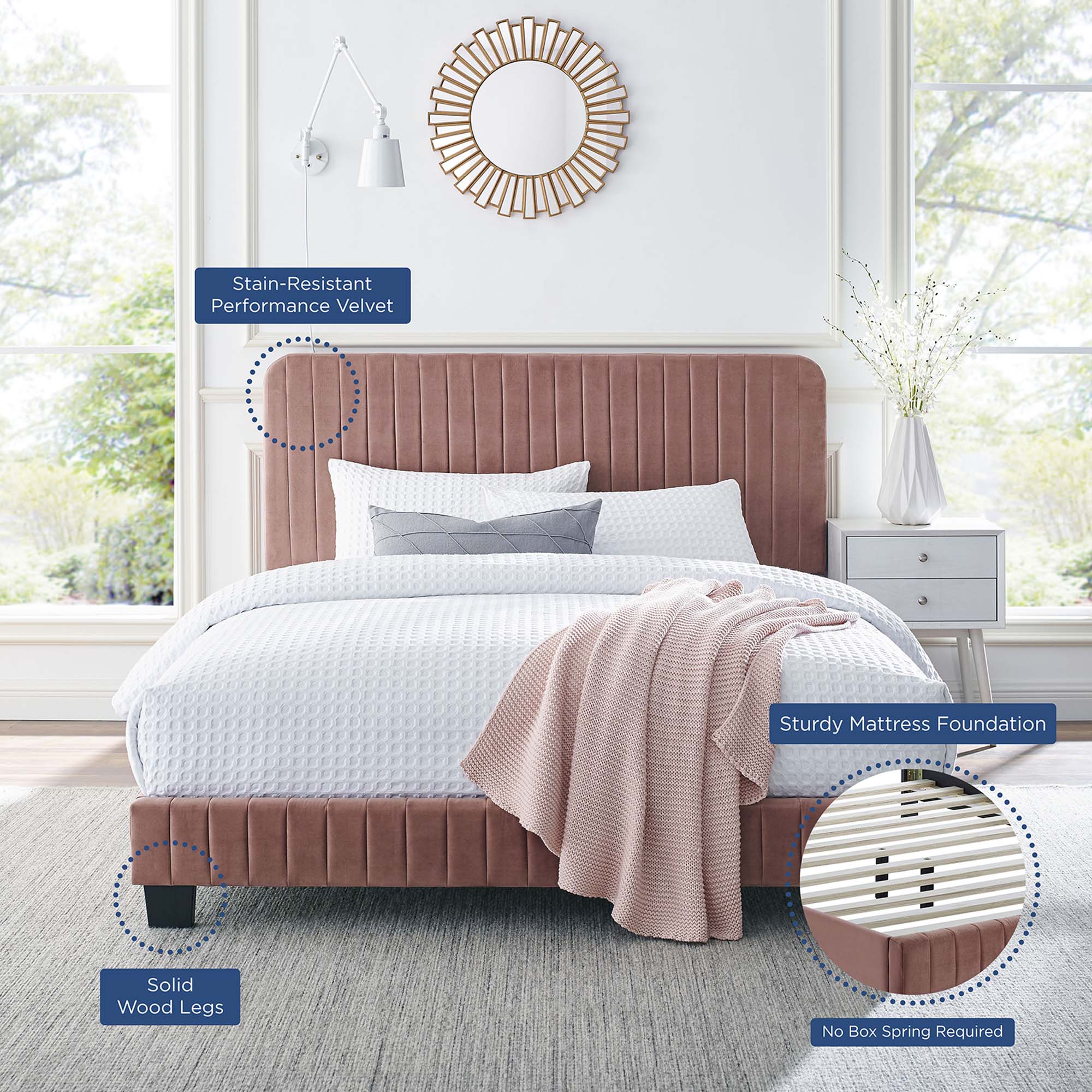 Celine Channel Tufted Performance Velvet King Platform Bed - Dusty Rose