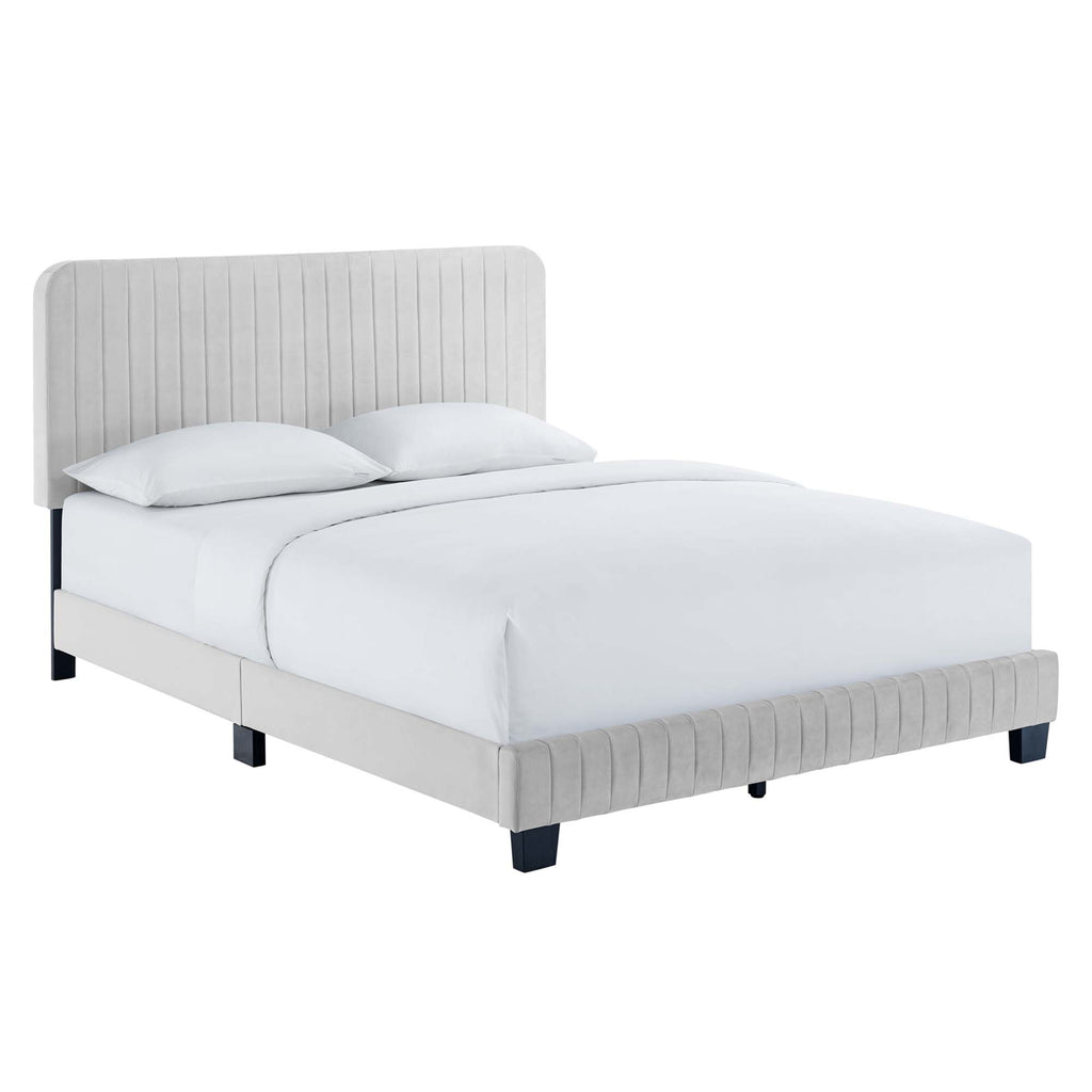 Celine Channel Tufted Performance Velvet Queen Platform Bed - Light Gray