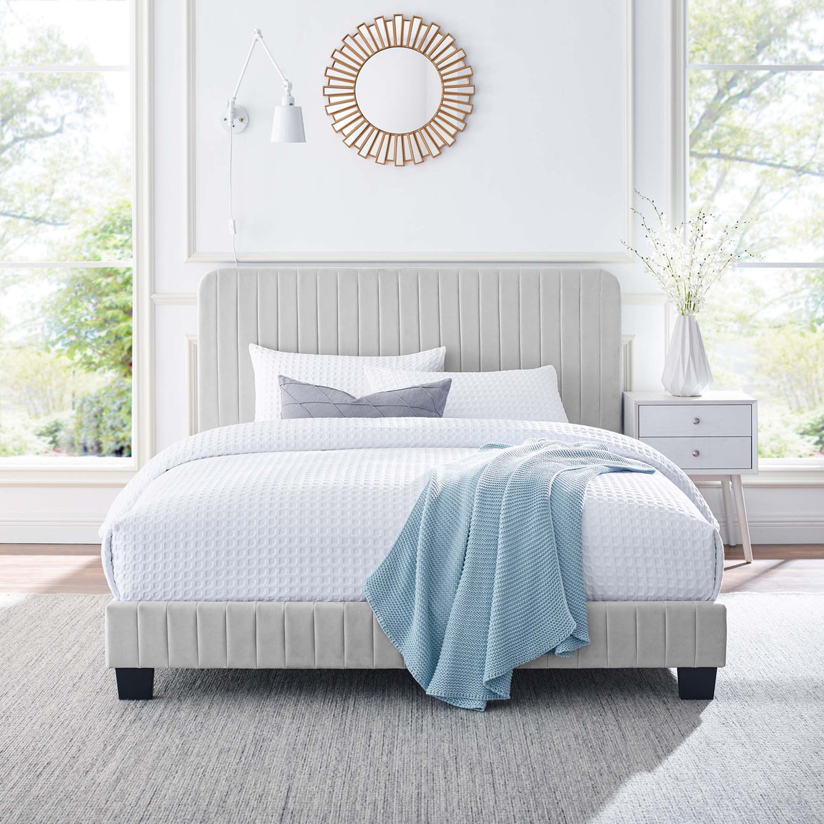 Celine Channel Tufted Performance Velvet Queen Platform Bed - Light Gray