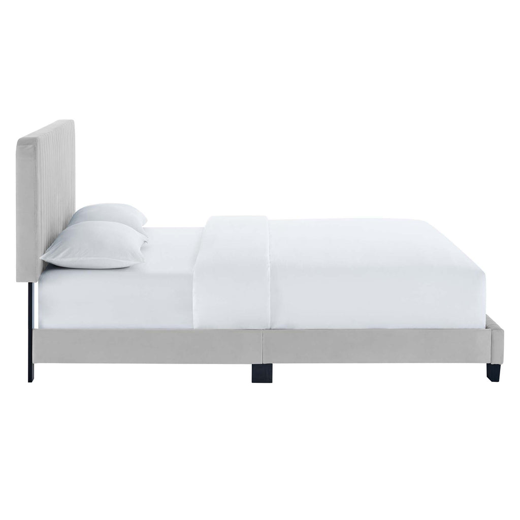 Celine Channel Tufted Performance Velvet Twin Platform Bed - Light Gray