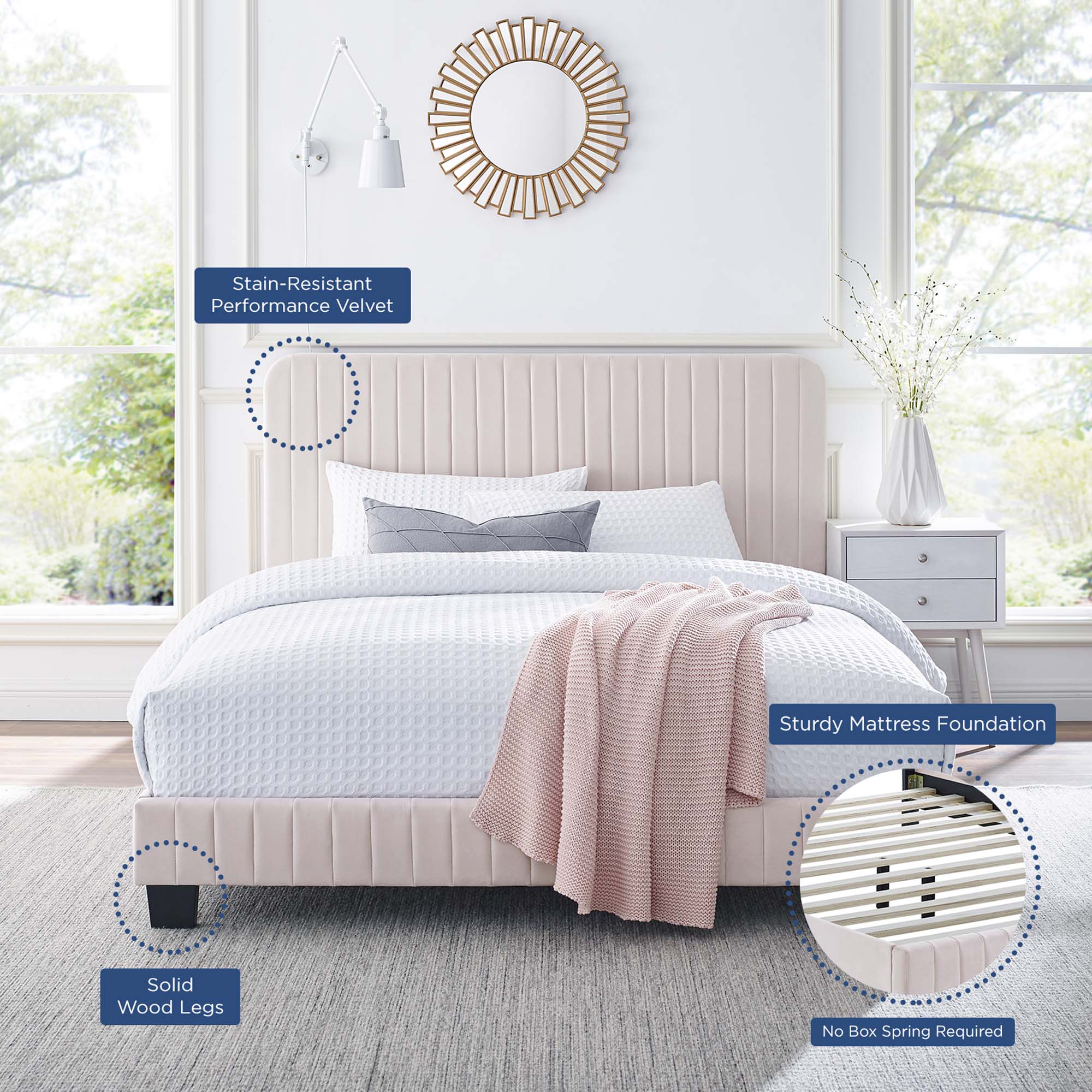 Celine Channel Tufted Performance Velvet Twin Platform Bed - Pink