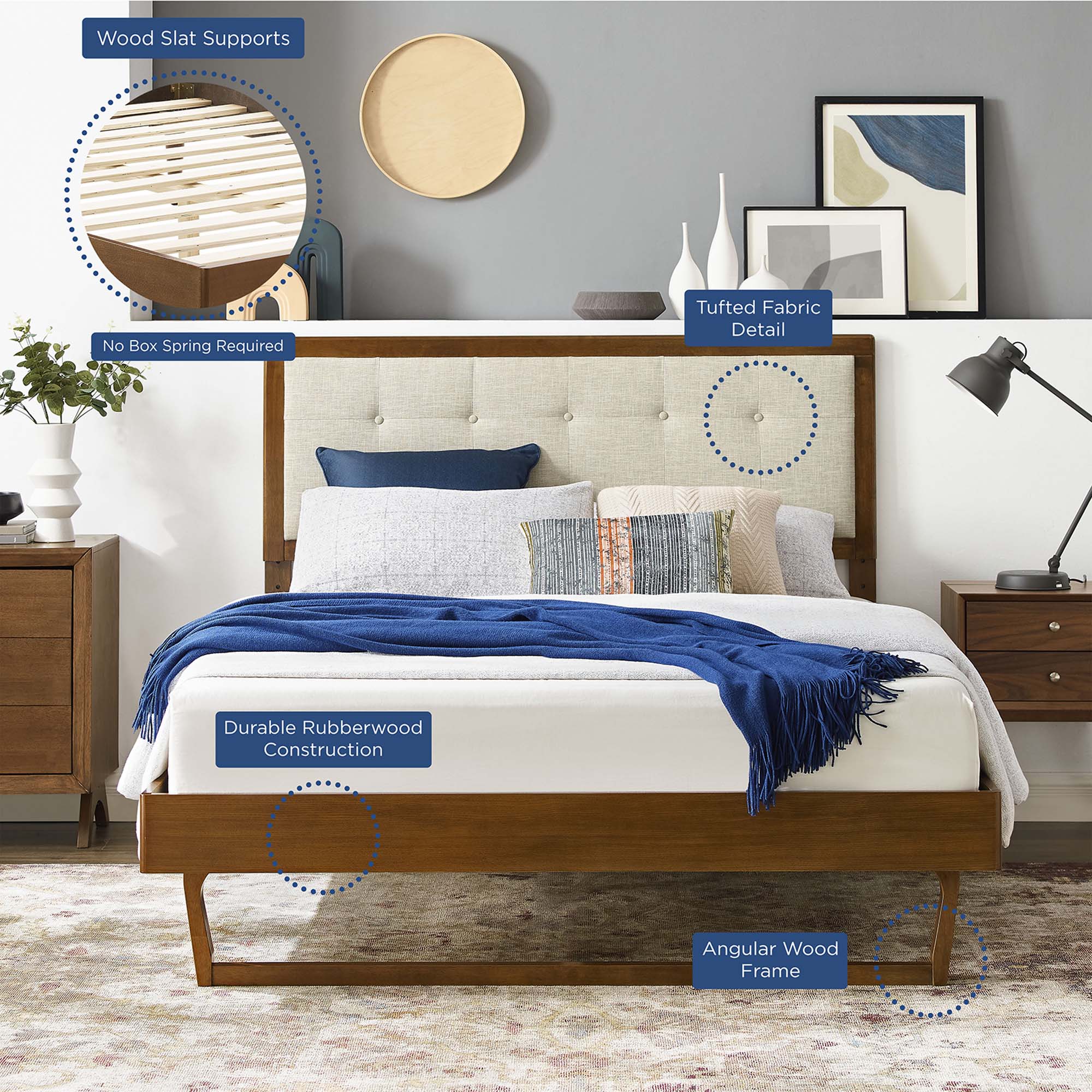 Willow Wood Queen Platform Bed With Angular Frame - Walnut Beige