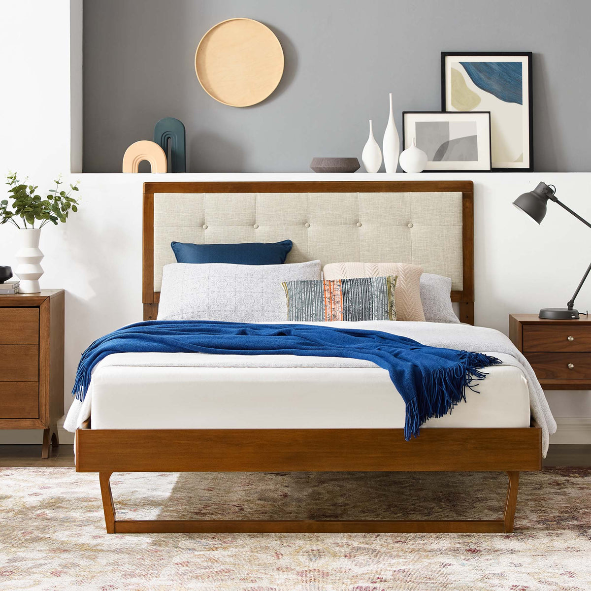 Willow Wood Queen Platform Bed With Angular Frame - Walnut Beige