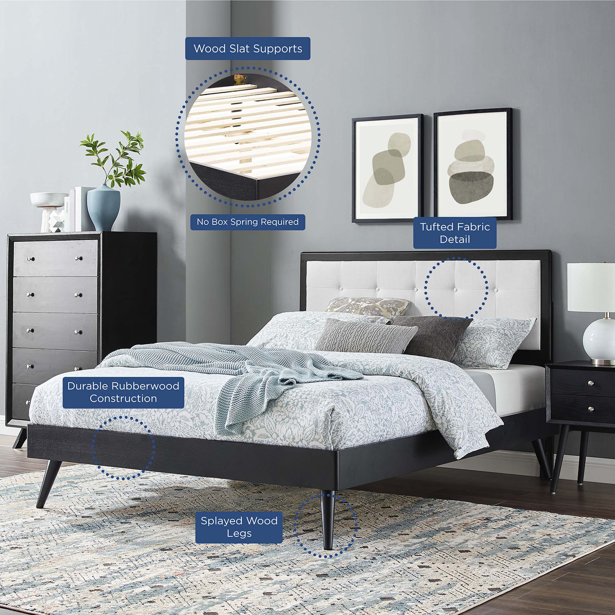 Willow Wood Queen Platform Bed With Splayed Legs - Black White