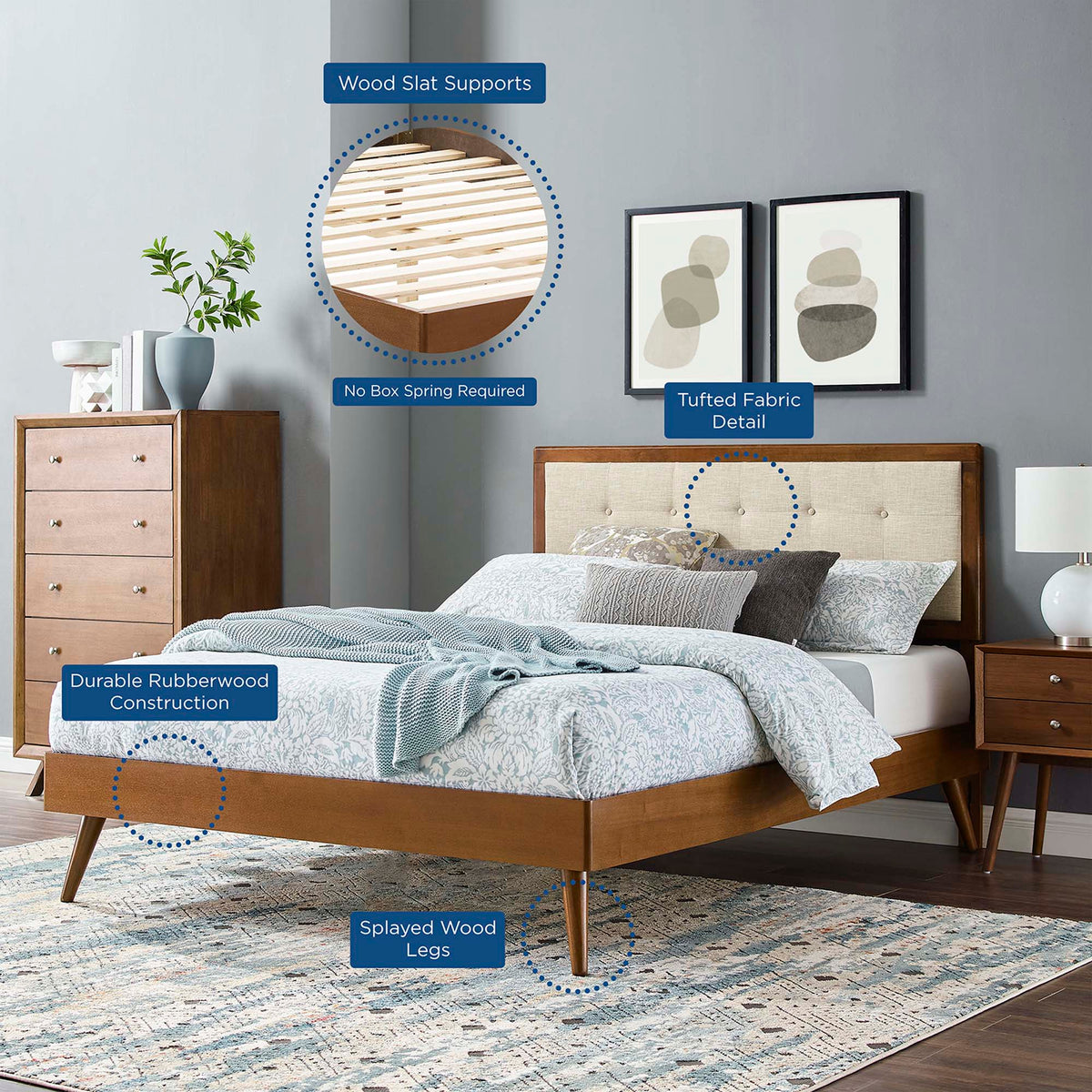 Willow Wood Queen Platform Bed With Splayed Legs - Walnut Beige