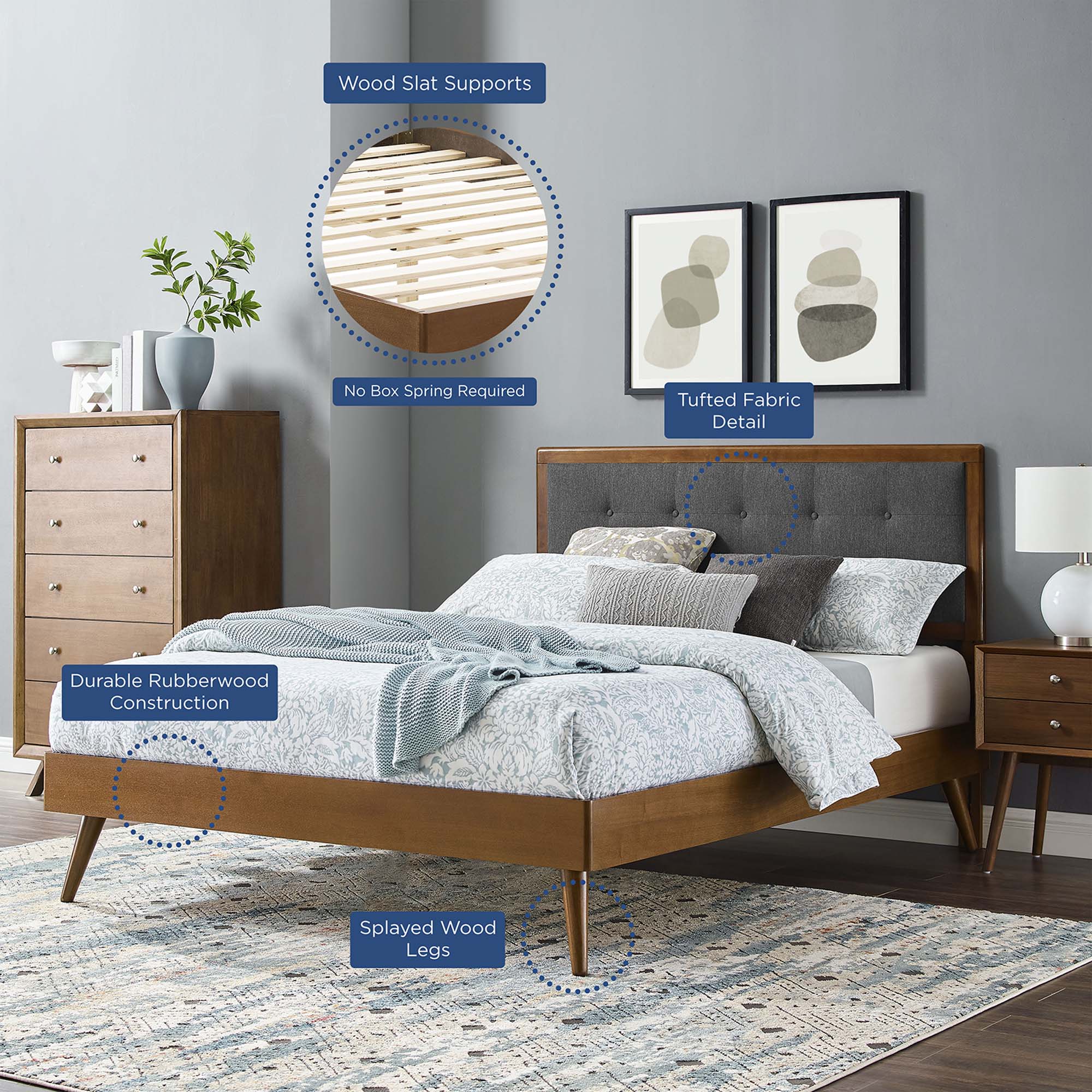 Willow Wood Queen Platform Bed With Splayed Legs - Walnut Charcoal