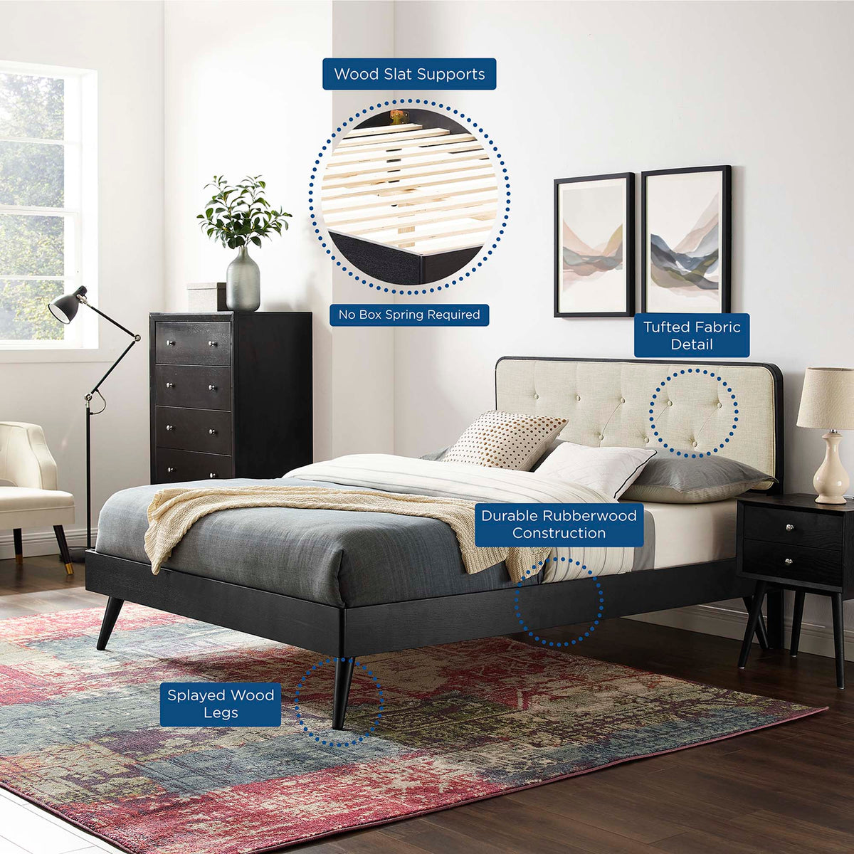Bridgette Wood Queen Platform Bed With Splayed Legs - Black Beige