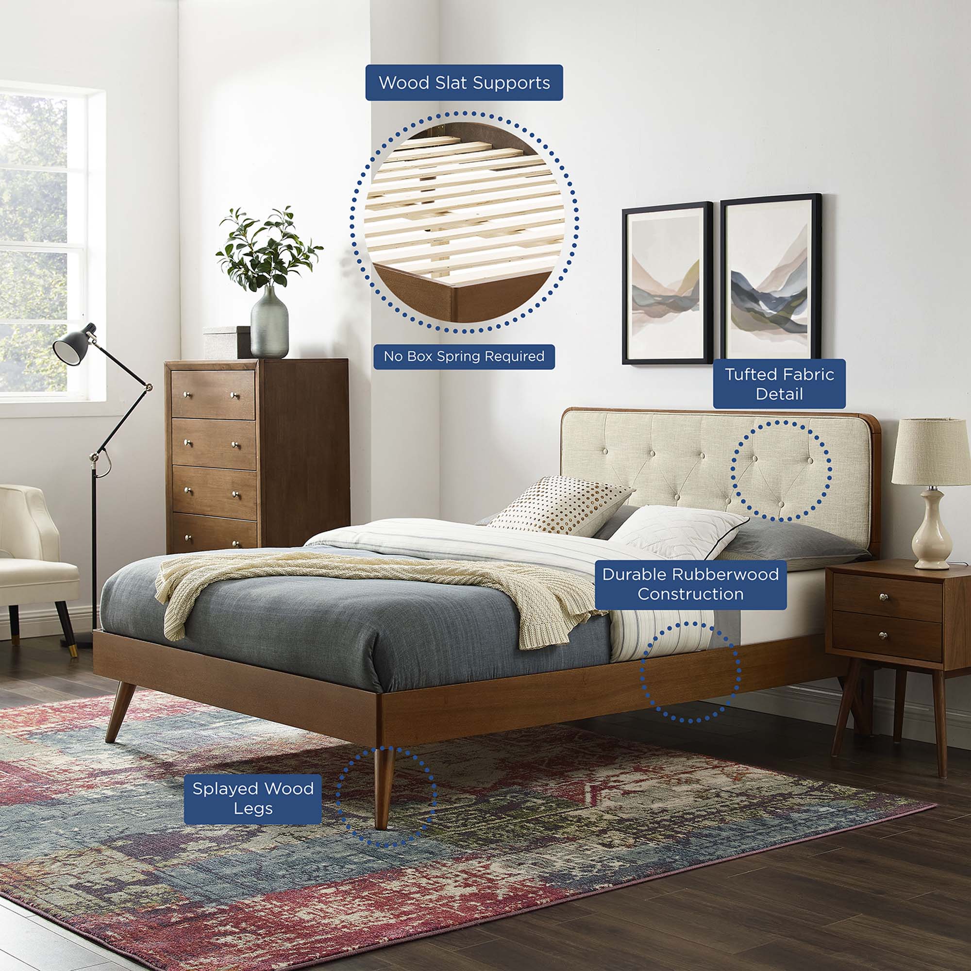 Bridgette Wood Queen Platform Bed With Splayed Legs - Walnut Beige