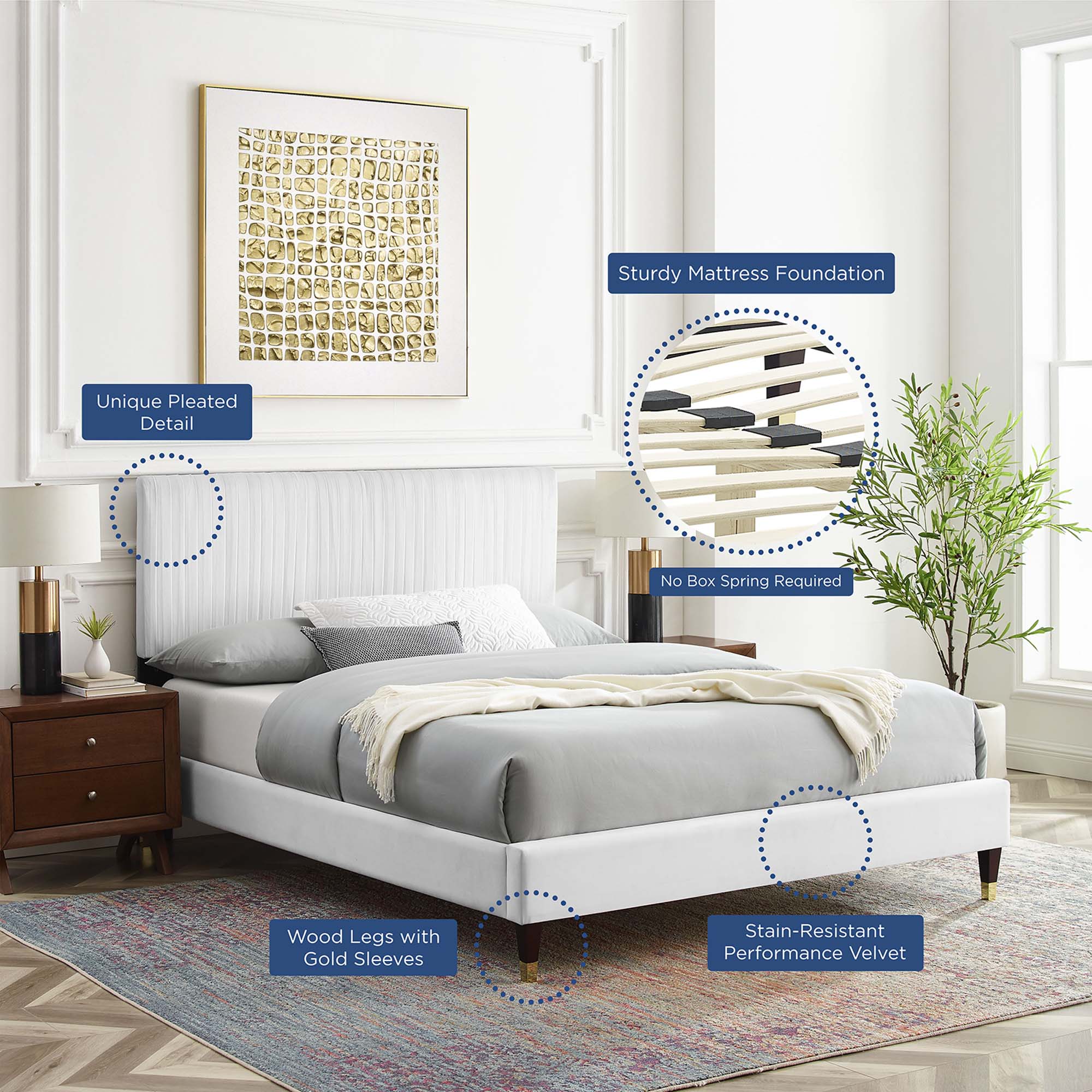 Peyton Performance Velvet Queen Platform Bed - White (MOD-6596-WHI)
