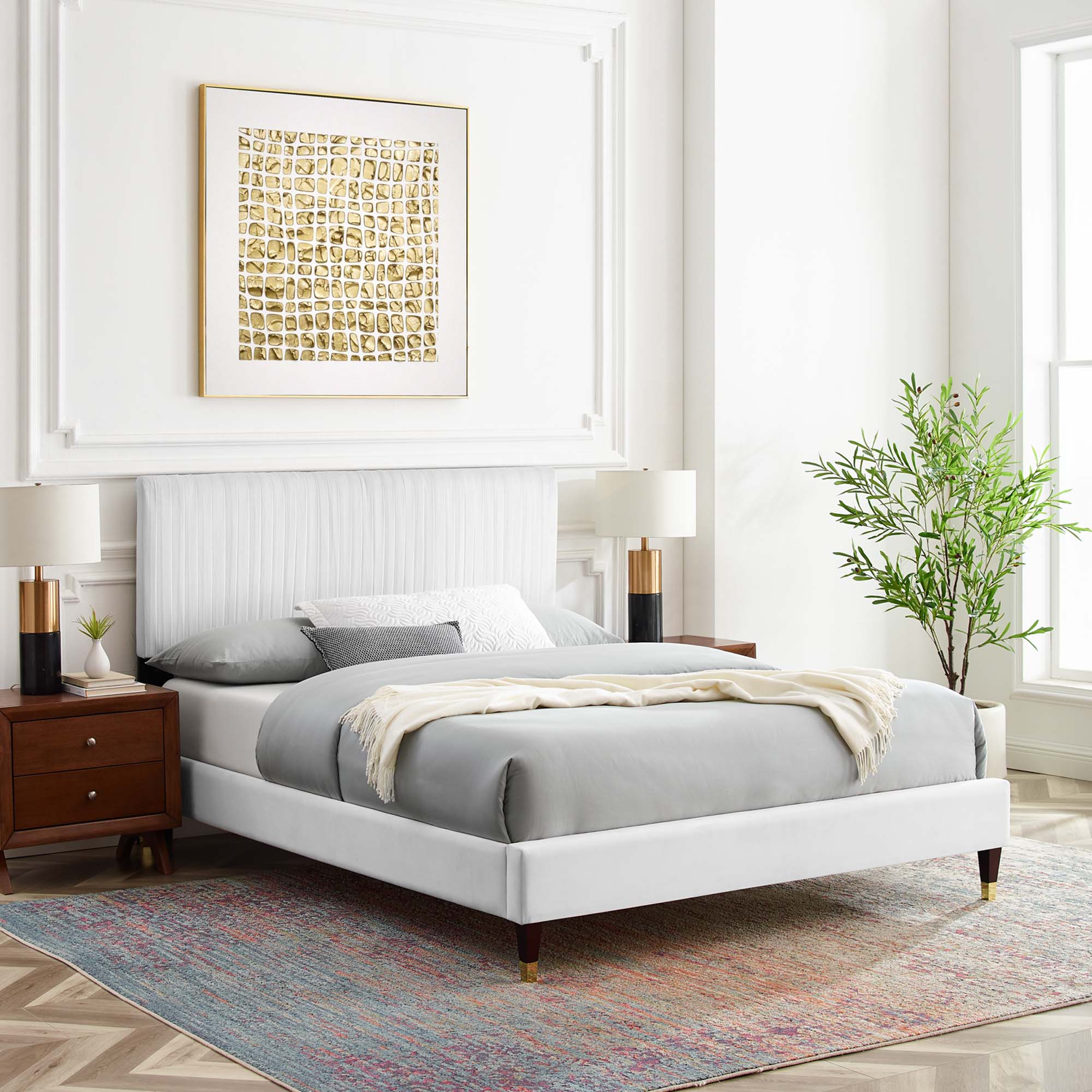 Peyton Performance Velvet Queen Platform Bed - White (MOD-6596-WHI)