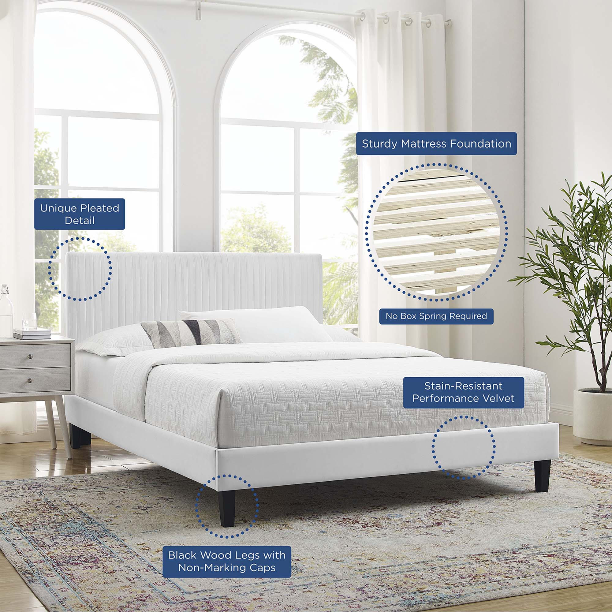 Peyton Performance Velvet Queen Platform Bed - White (MOD-6597-WHI)
