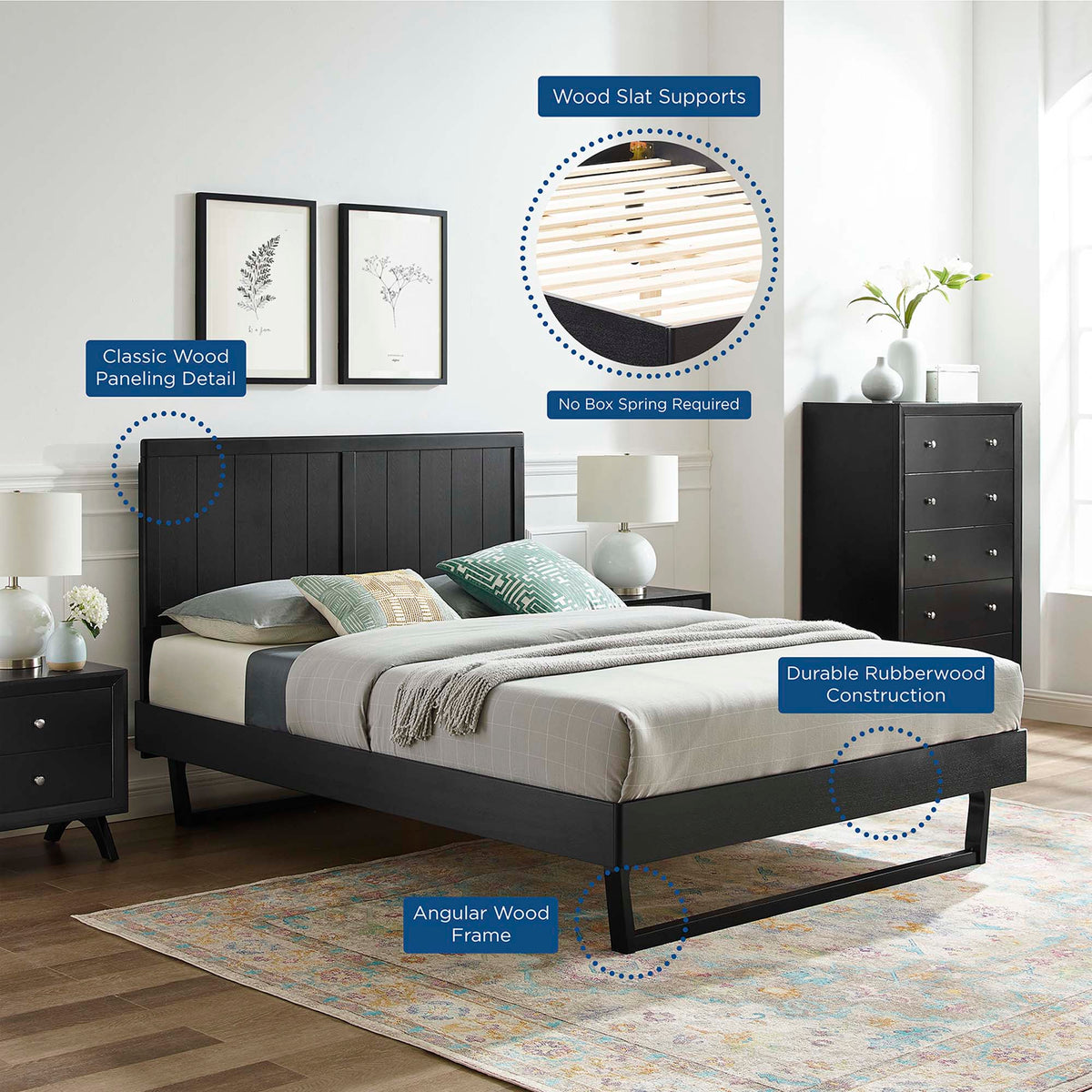 Alana Wood Full Platform Bed With Angular Frame - Black