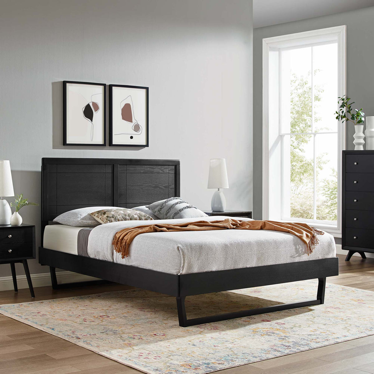 Marlee Wood Full Platform Bed With Angular Frame - Black