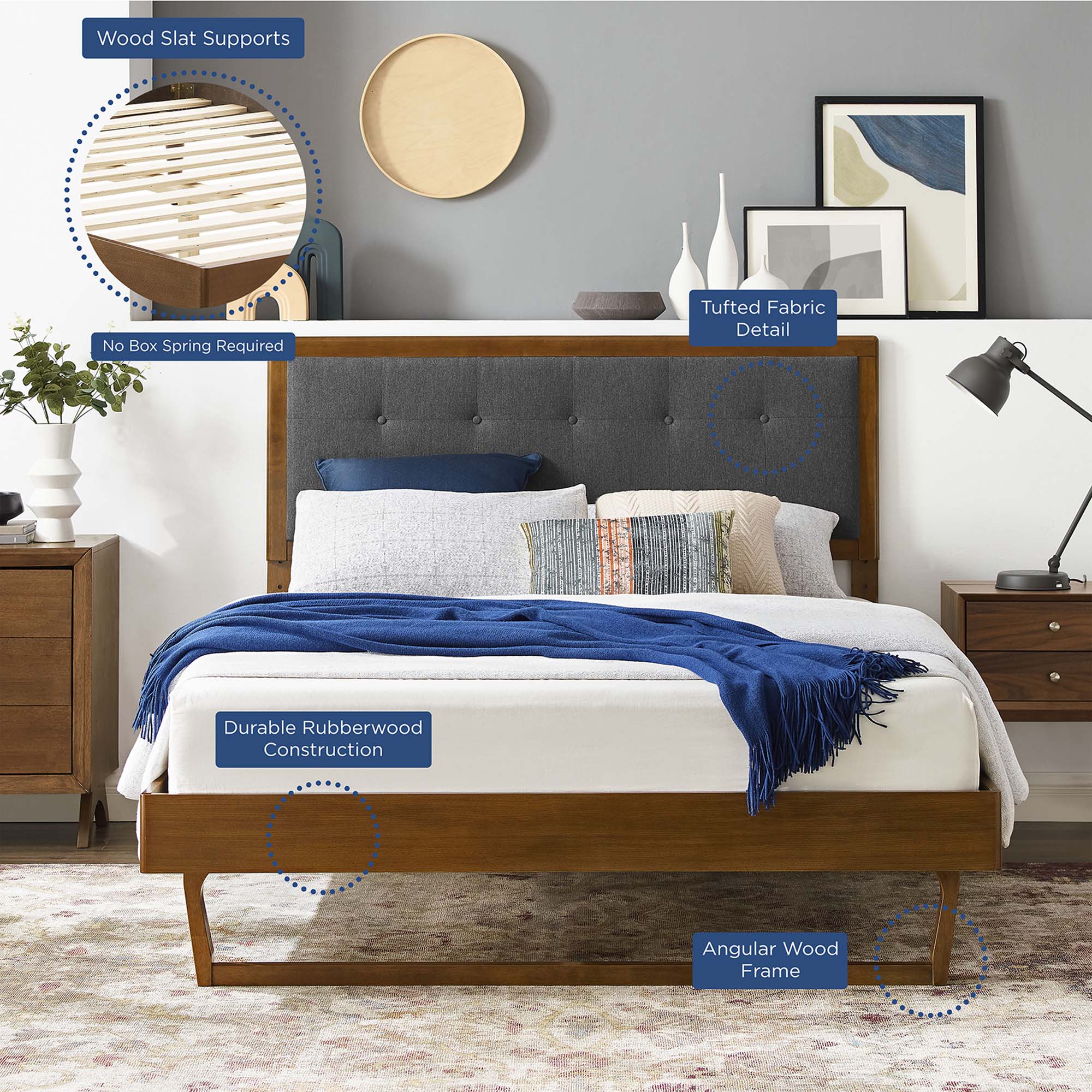 Willow Wood Full Platform Bed With Angular Frame - Walnut Charcoal