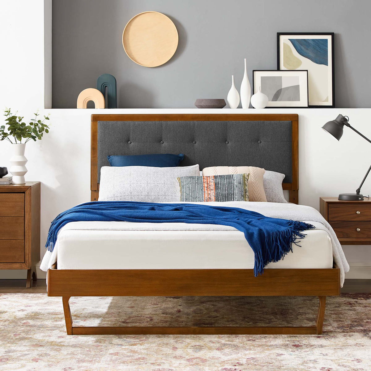 Willow Wood Full Platform Bed With Angular Frame - Walnut Charcoal