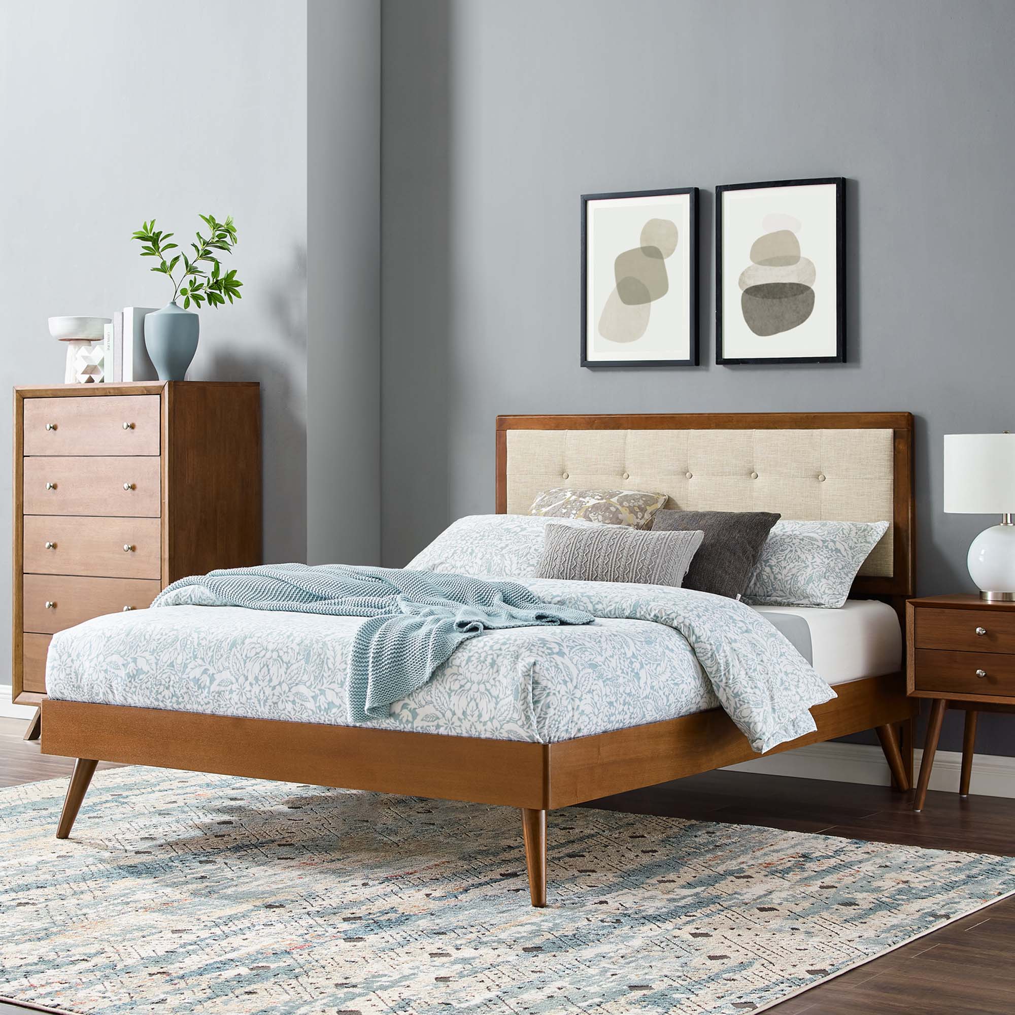 Willow Wood Full Platform Bed With Splayed Legs - Walnut Beige