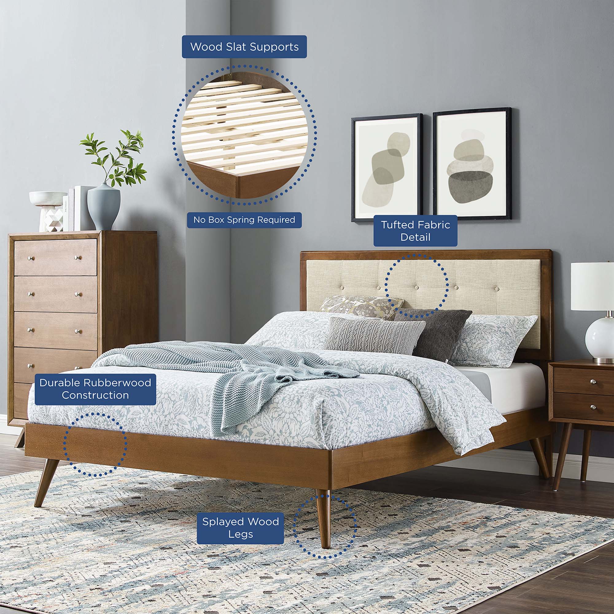 Willow Wood King Platform Bed With Splayed Legs - Walnut Beige
