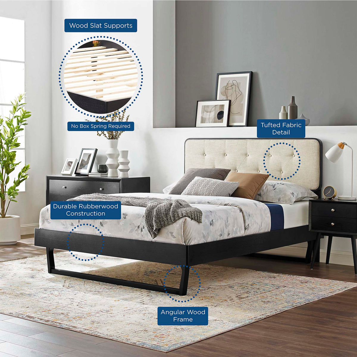 Bridgette Wood Full Platform Bed With Angular Frame - Black Beige