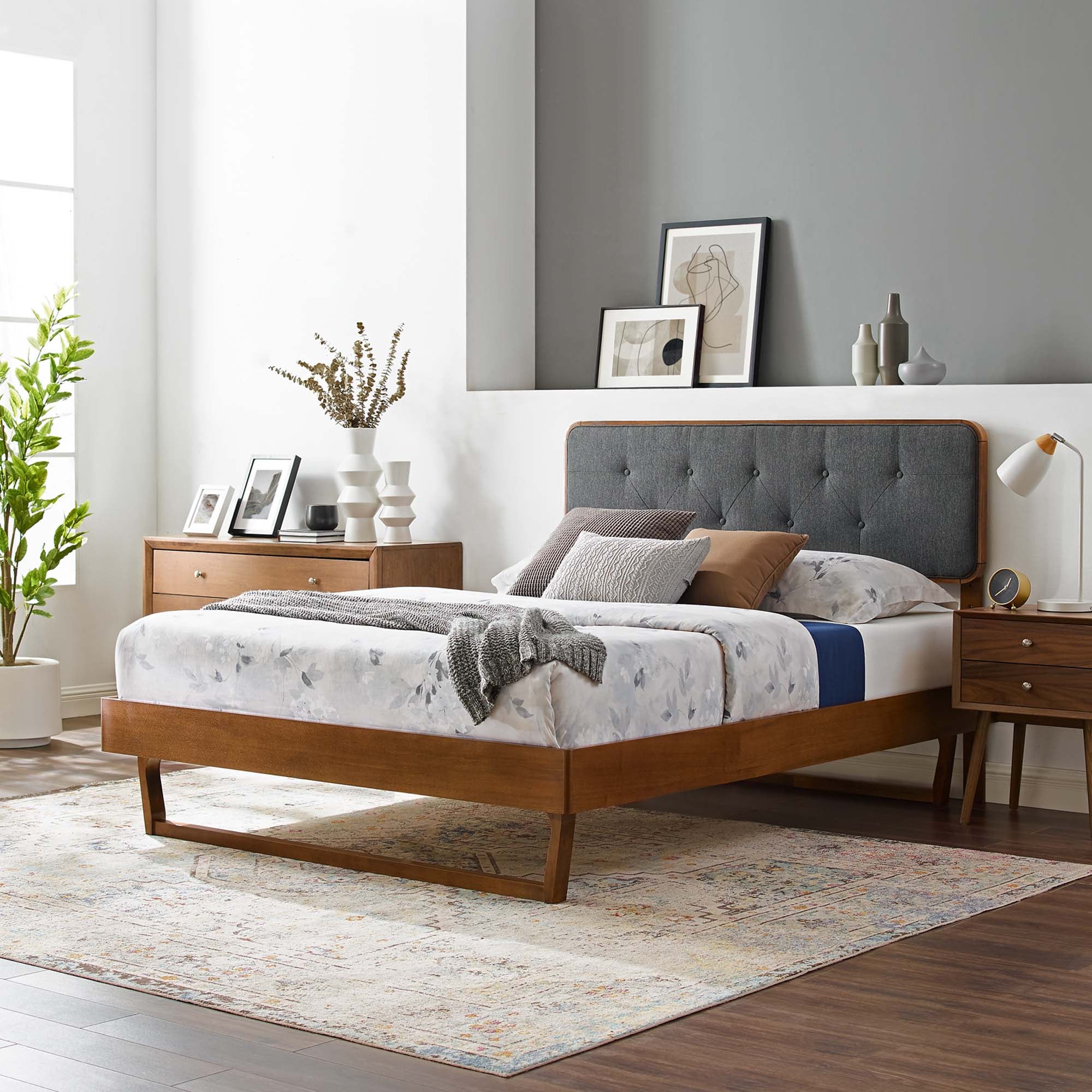 Bridgette Wood Full Platform Bed With Angular Frame - Walnut Charcoal