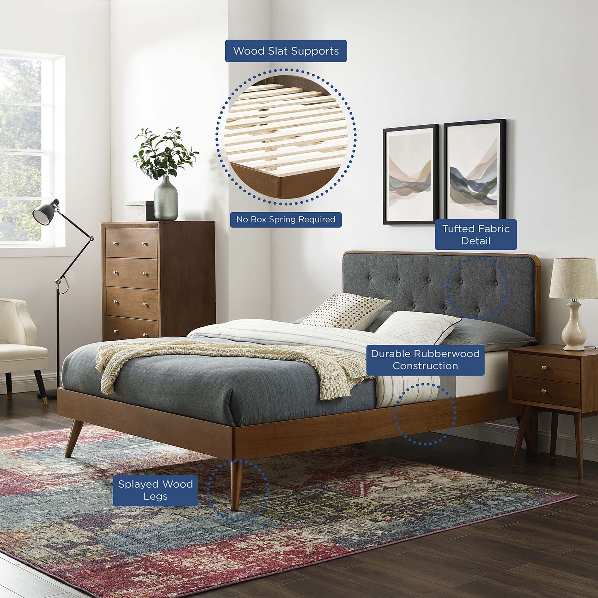 Bridgette Wood Full Platform Bed With Splayed Legs - Walnut Charcoal