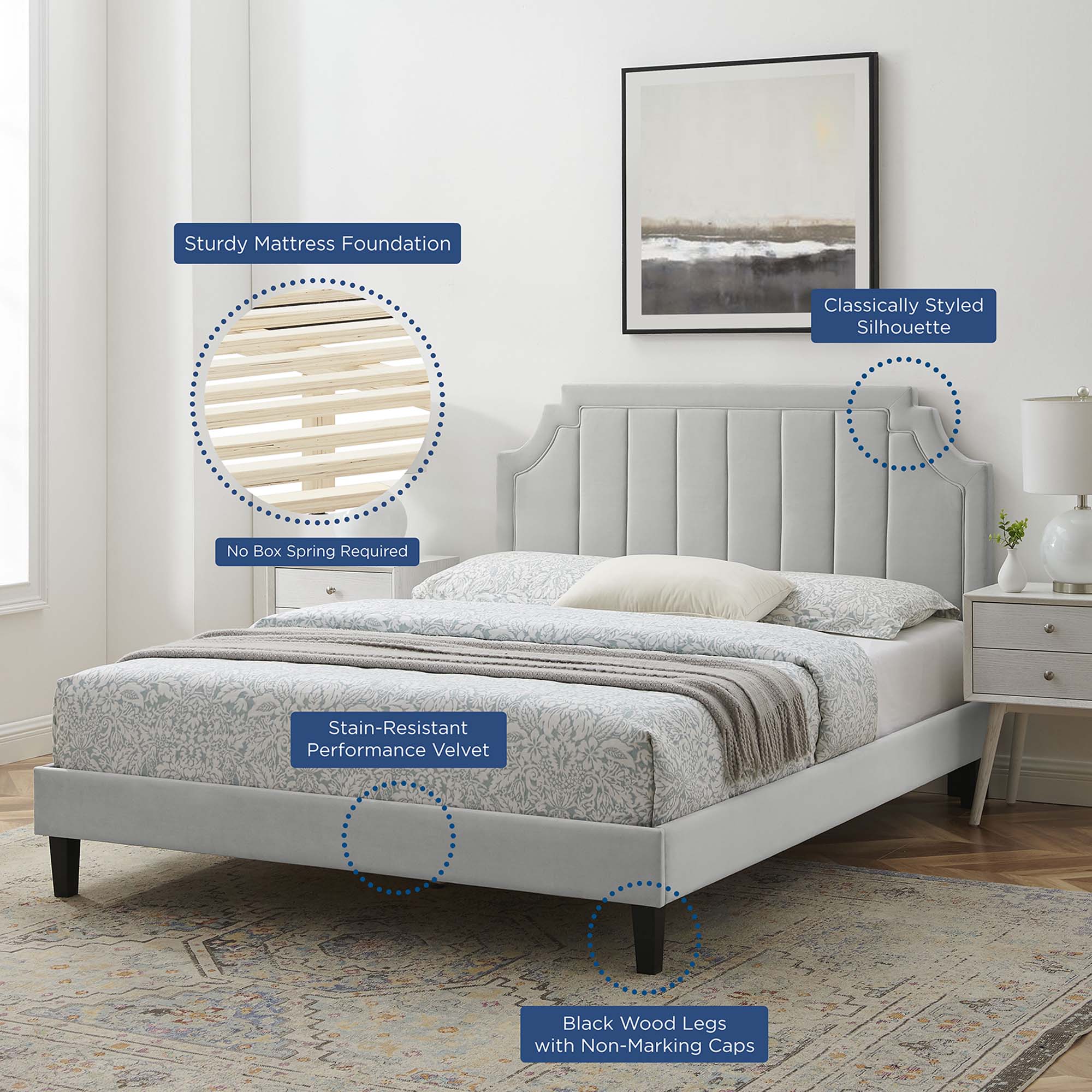 Sienna Performance Velvet Queen Platform Bed - Light Gray