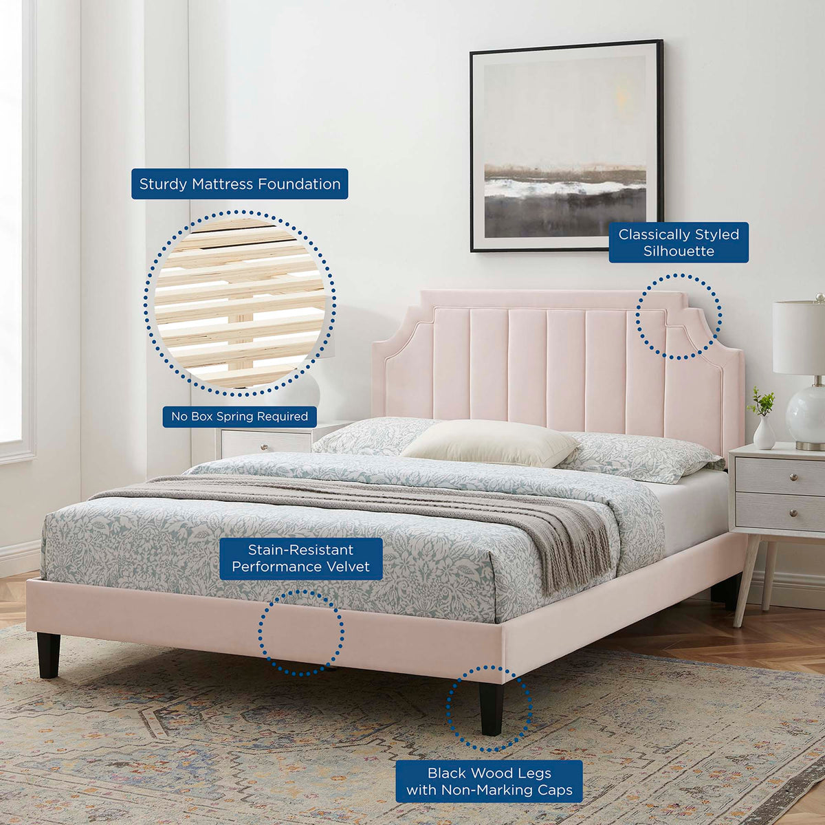 Sienna Performance Velvet Queen Platform Bed - Pink (MOD-6714-PNK)