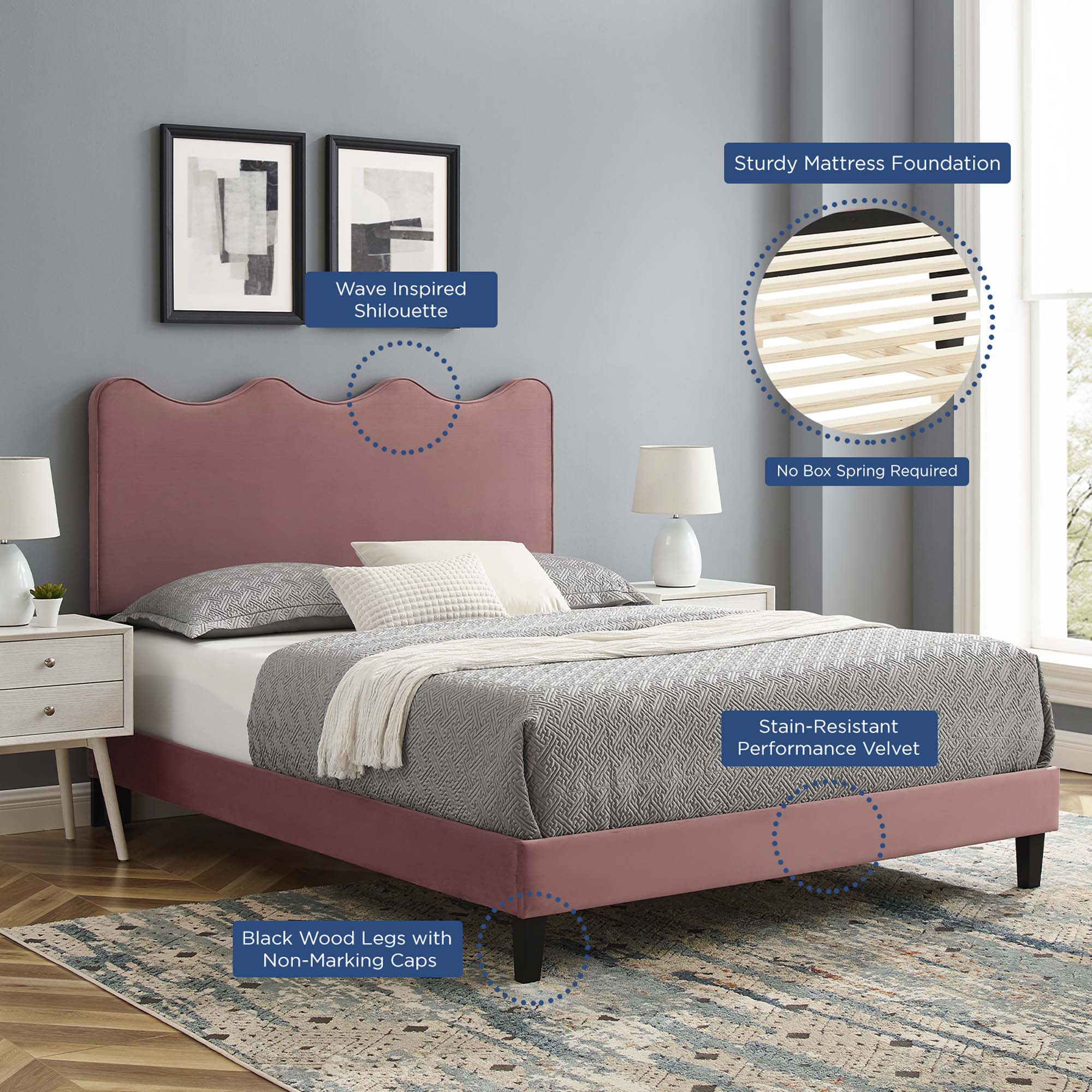 Current Performance Velvet Twin Platform Bed - Dusty Rose