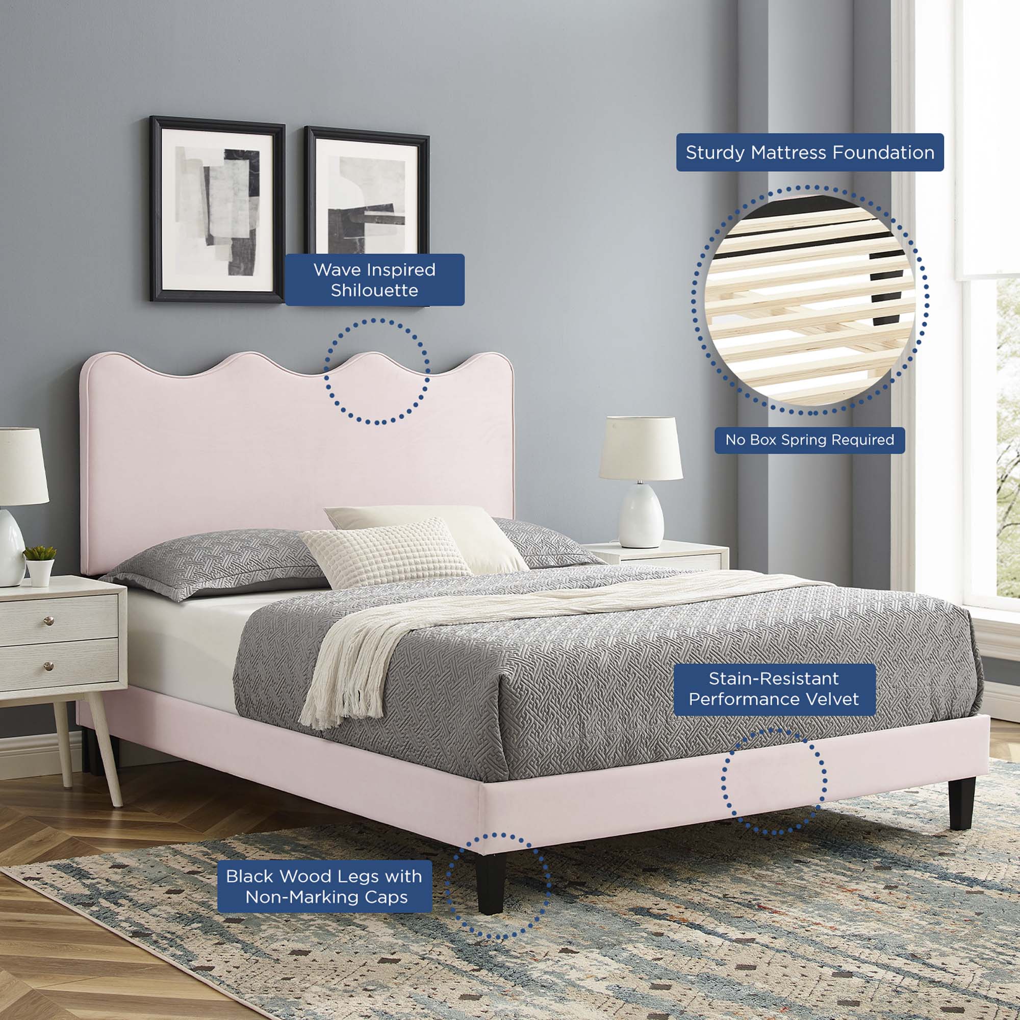 Current Performance Velvet Twin Platform Bed - Pink (MOD-6729-PNK)