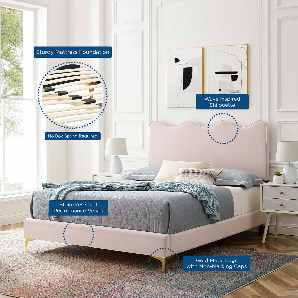 Current Performance Velvet Full Platform Bed - Pink (MOD-6730-PNK)